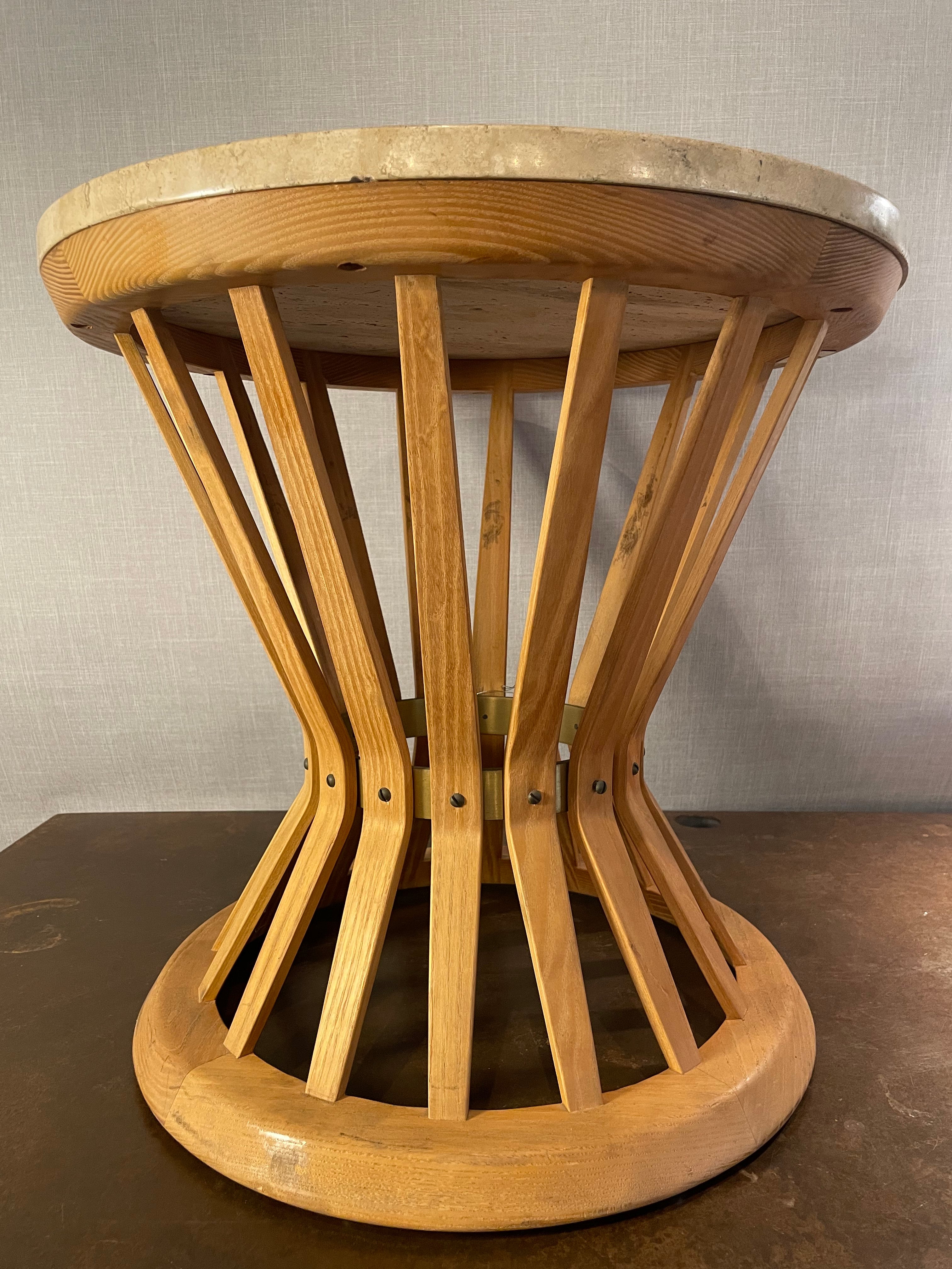 Edward Wormley for Dunbar Travertine & Sculpted Walnut Sheaf of Wheat Table showcasing elegant design. hommes + gardens estudio.