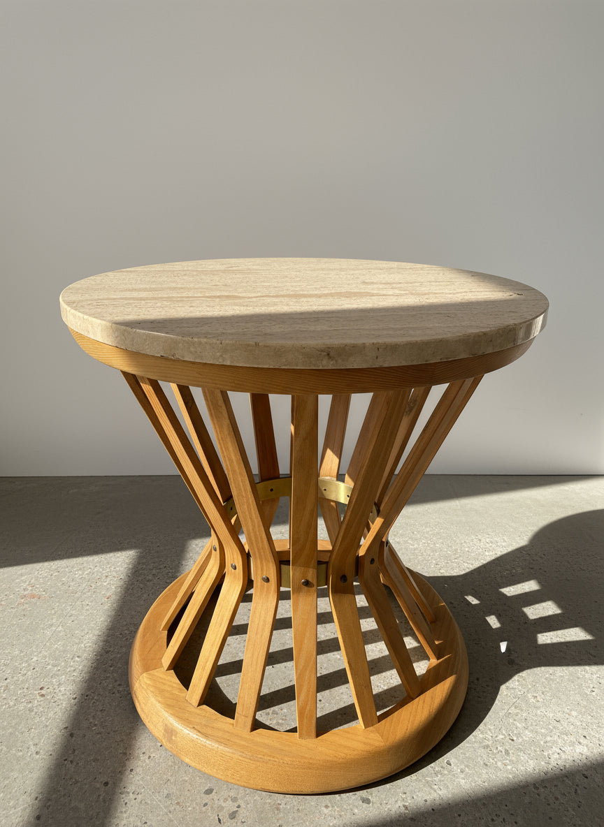 Edward Wormley for Dunbar Travertine & Sculpted Walnut Sheaf of Wheat Table showcased in elegant design. hommes + gardens estudio.