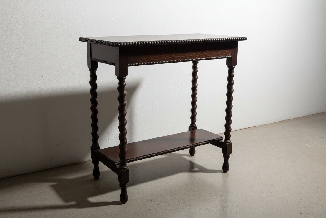 Antique Barley Twist Side Table with Beaded Edge & Lower Shelf, Early 20th Century