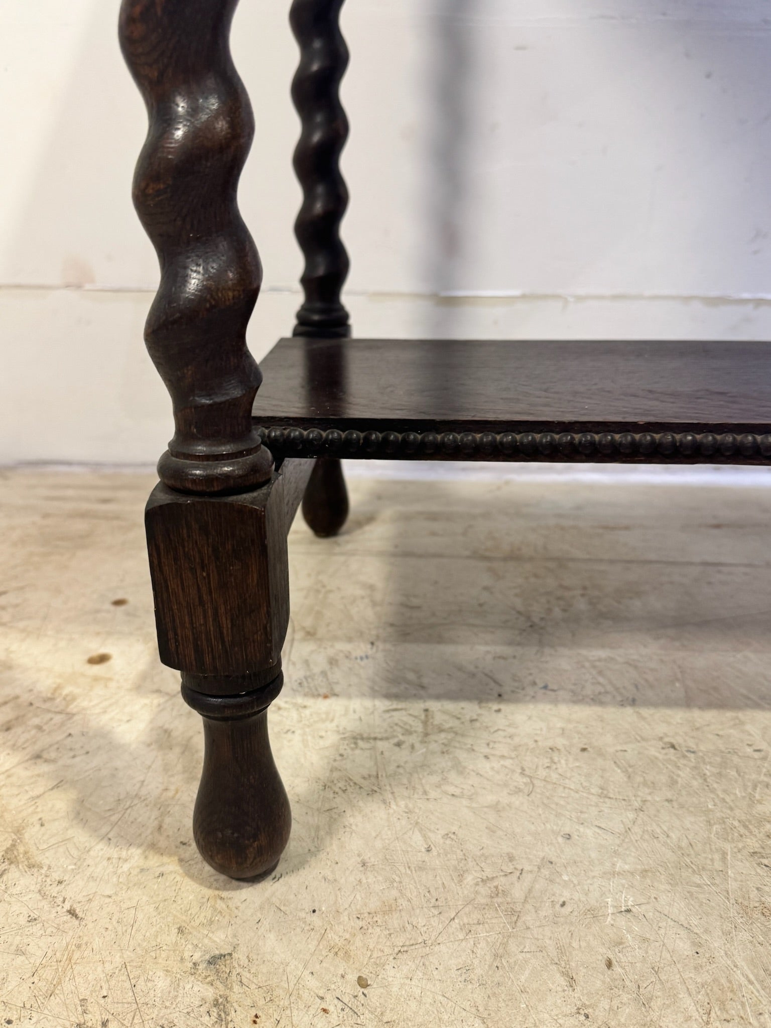 Antique Barley Twist Side Table with Beaded Edge & Lower Shelf, Early 20th Century