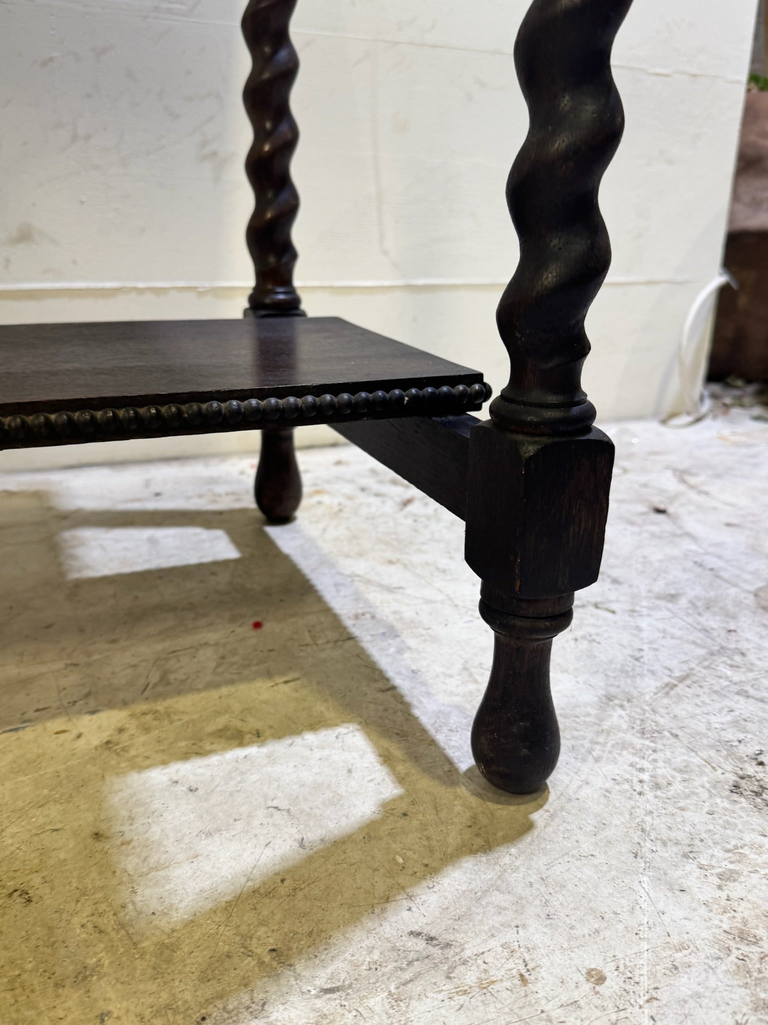 Antique Barley Twist Side Table with Beaded Edge & Lower Shelf, Early 20th Century