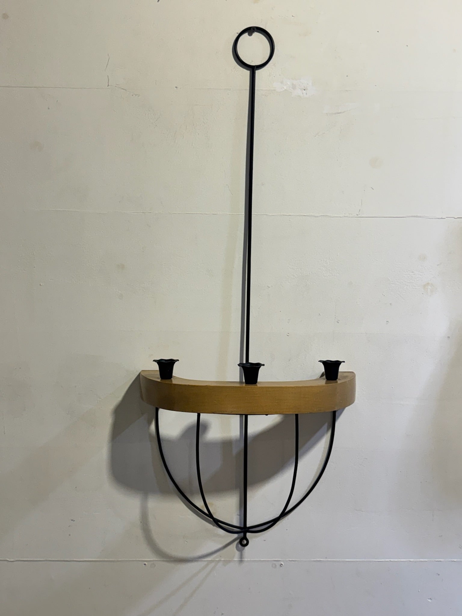 Vintage Mid-Century Style Black Iron & Wood Wall Candle Sconces – Sculptural Architectural Pair