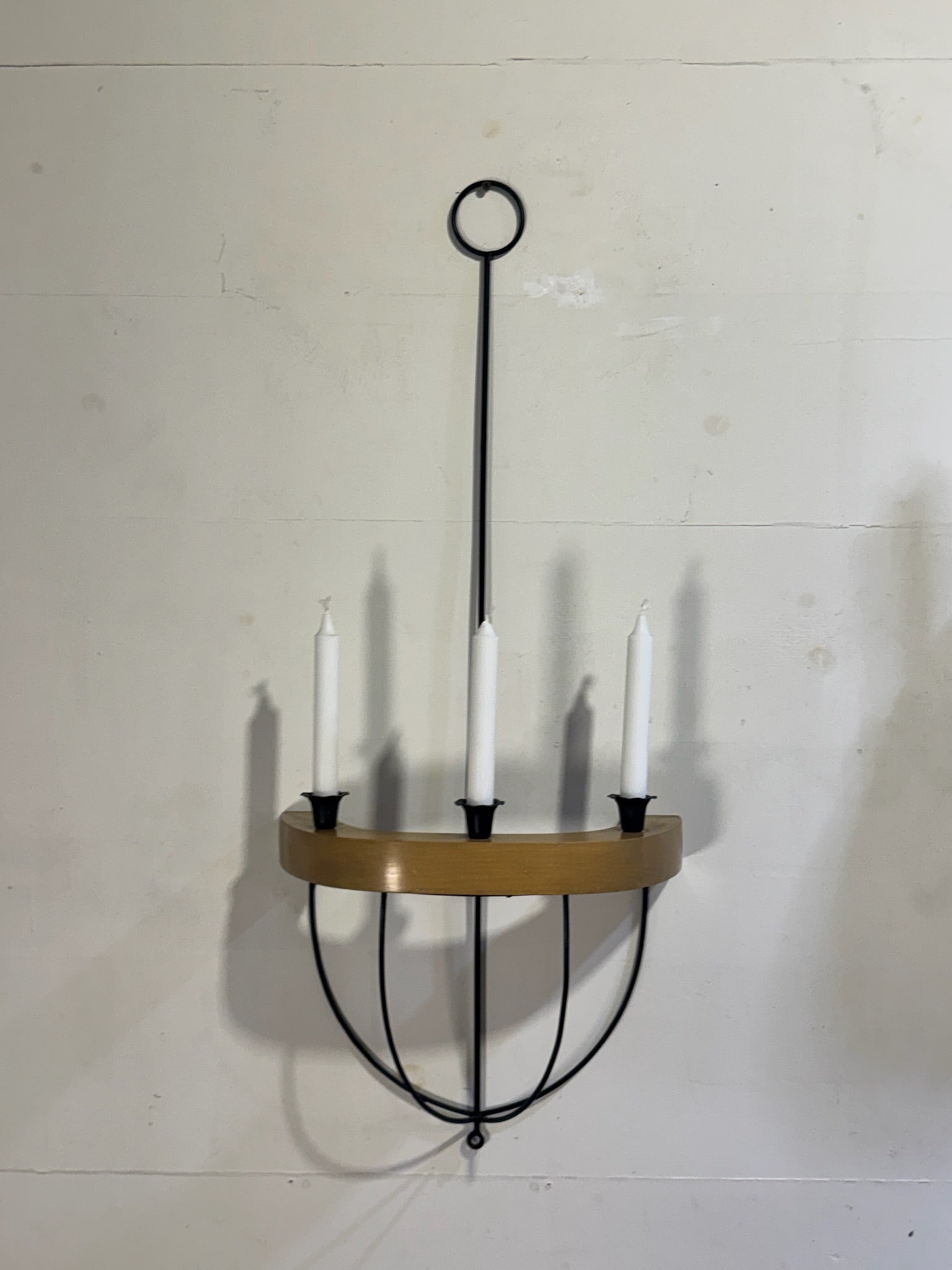 Vintage Mid-Century Style Black Iron & Wood Wall Candle Sconces – Sculptural Architectural Pair