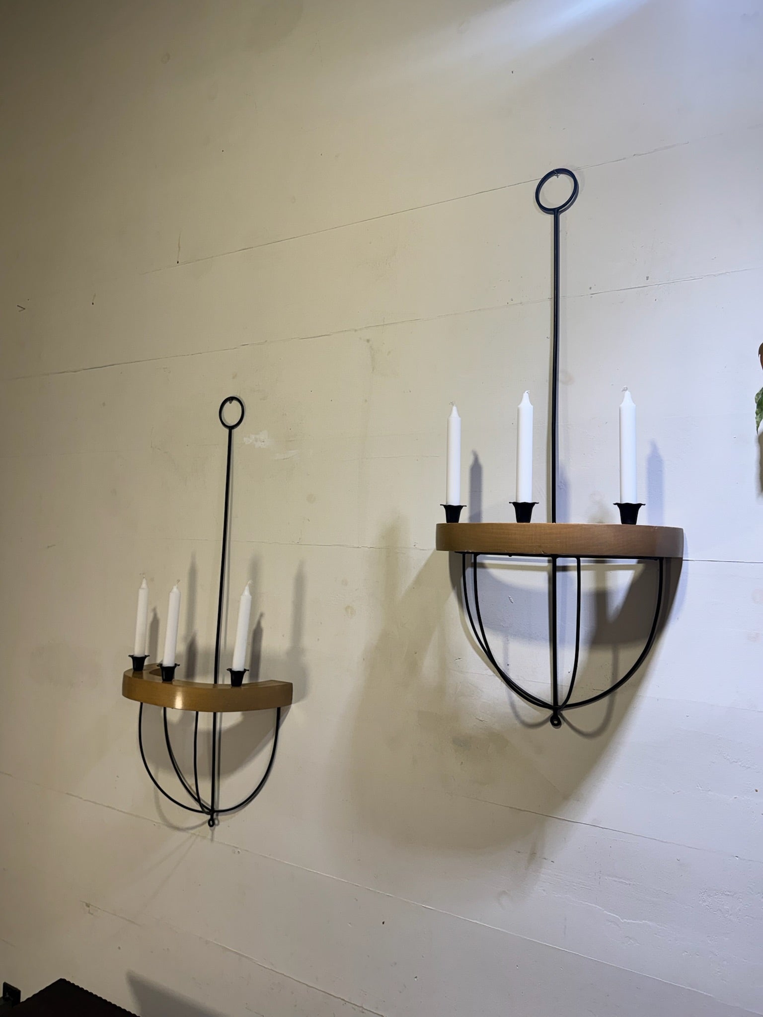 Vintage Mid-Century Style Black Iron & Wood Wall Candle Sconces – Sculptural Architectural Pair