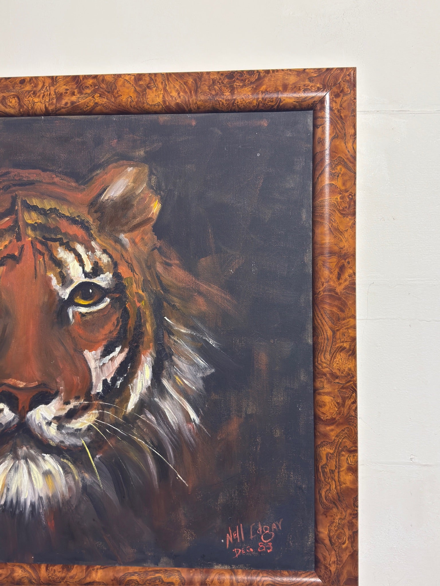 1983 Signed Tiger Portrait Oil Painting by Neil Edgar in Burlwood-Style Frame