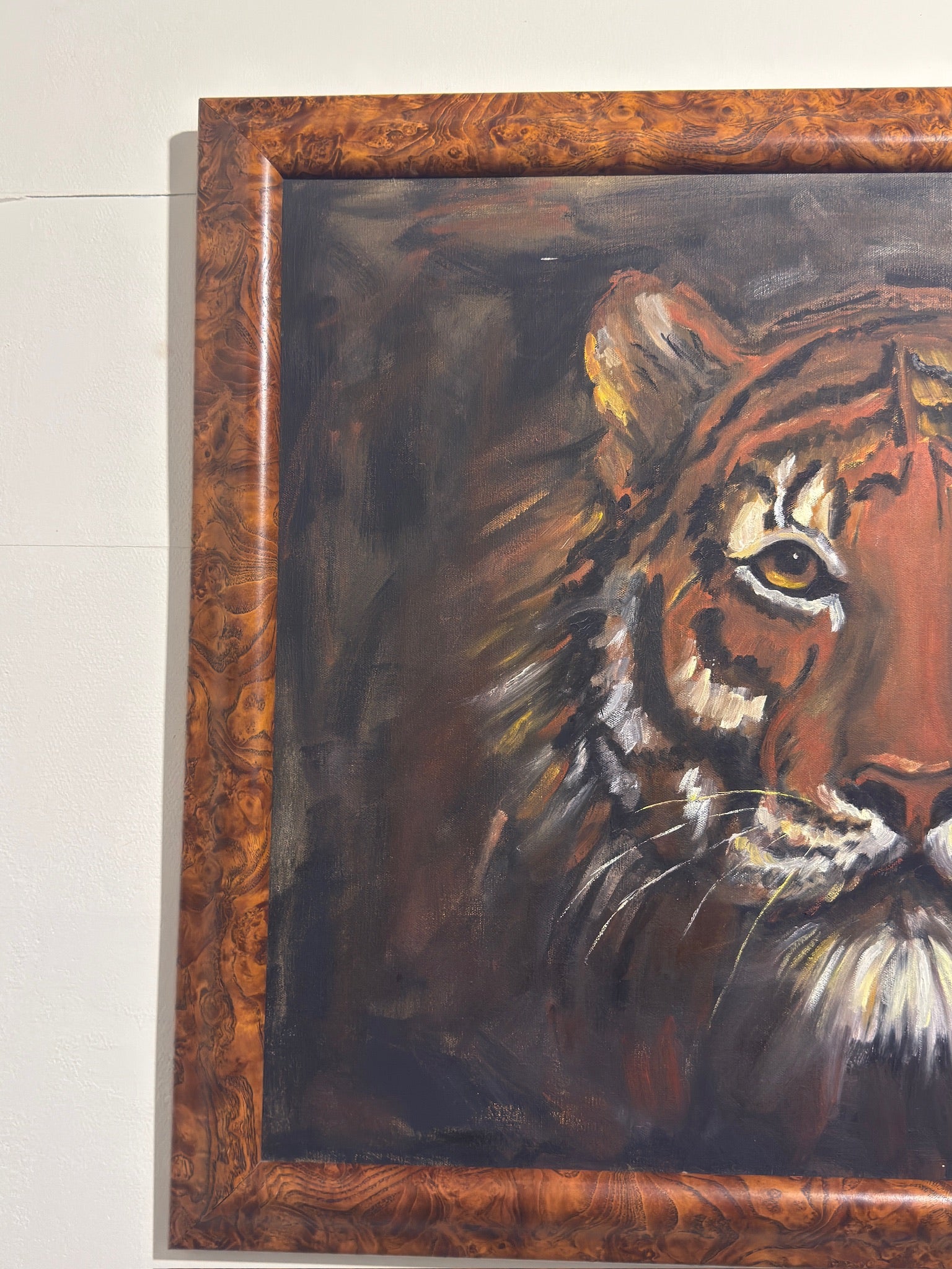 1983 Signed Tiger Portrait Oil Painting by Neil Edgar in Burlwood-Style Frame