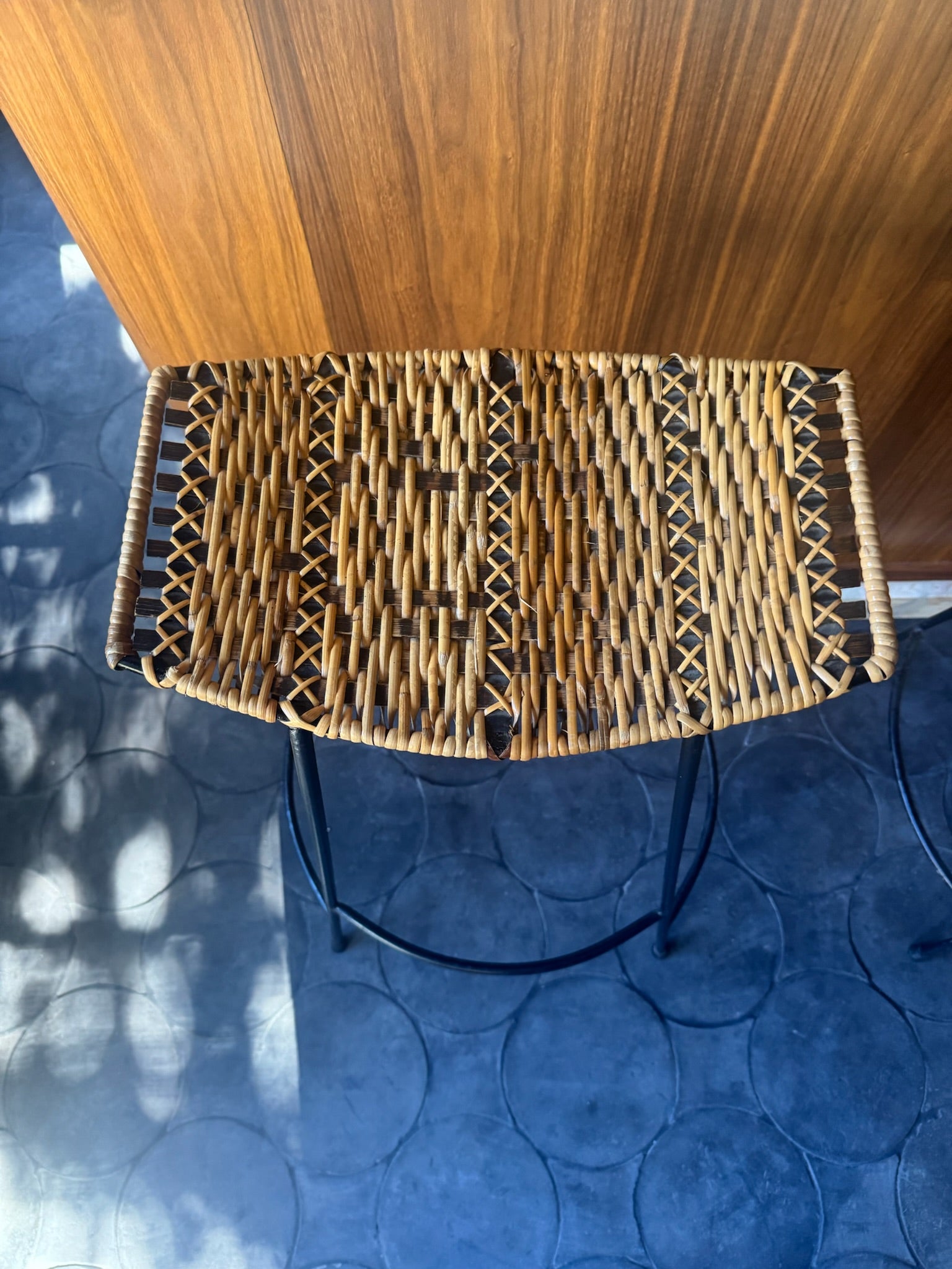 Arthur Umanoff Wicker & Iron Bar Stools – Authentic MCM Sculptural Pair