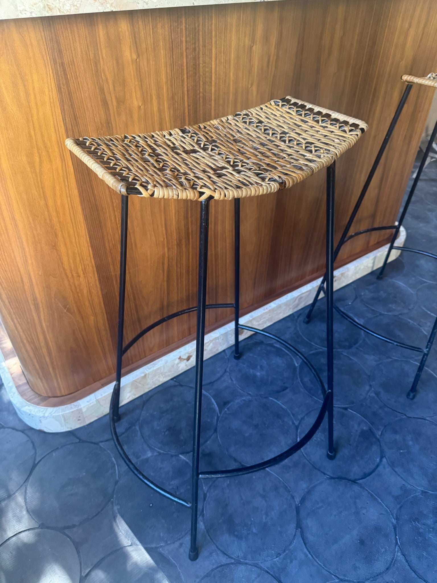 Arthur Umanoff Wicker & Iron Bar Stools – Authentic MCM Sculptural Pair