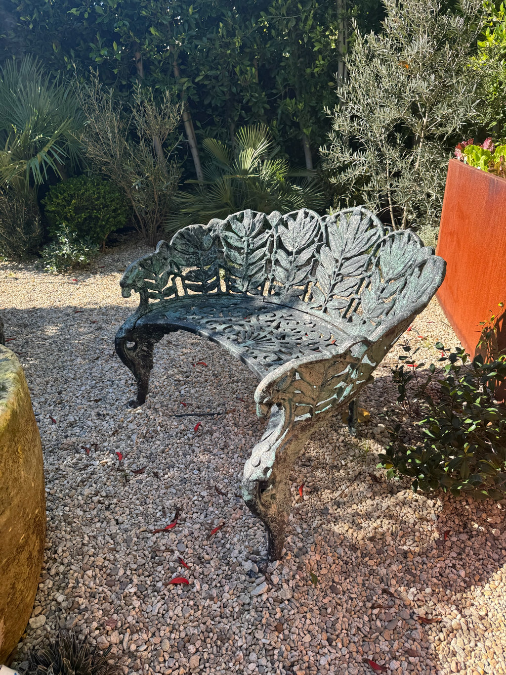 Pair of c.1890 Victorian Cast Iron Garden Benches with Sculptural Leaf Backrests