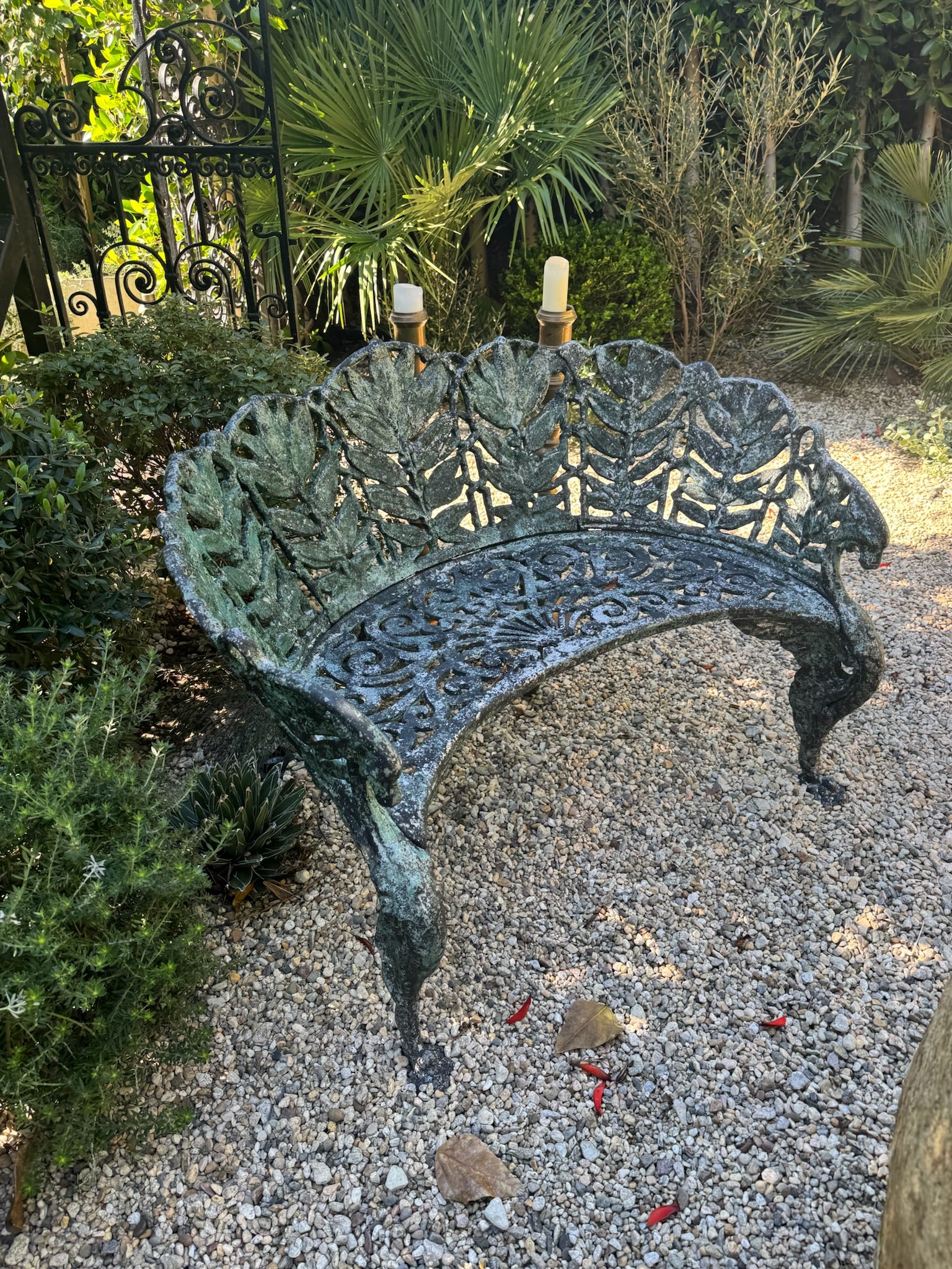 Pair of c.1890 Victorian Cast Iron Garden Benches with Sculptural Leaf Backrests