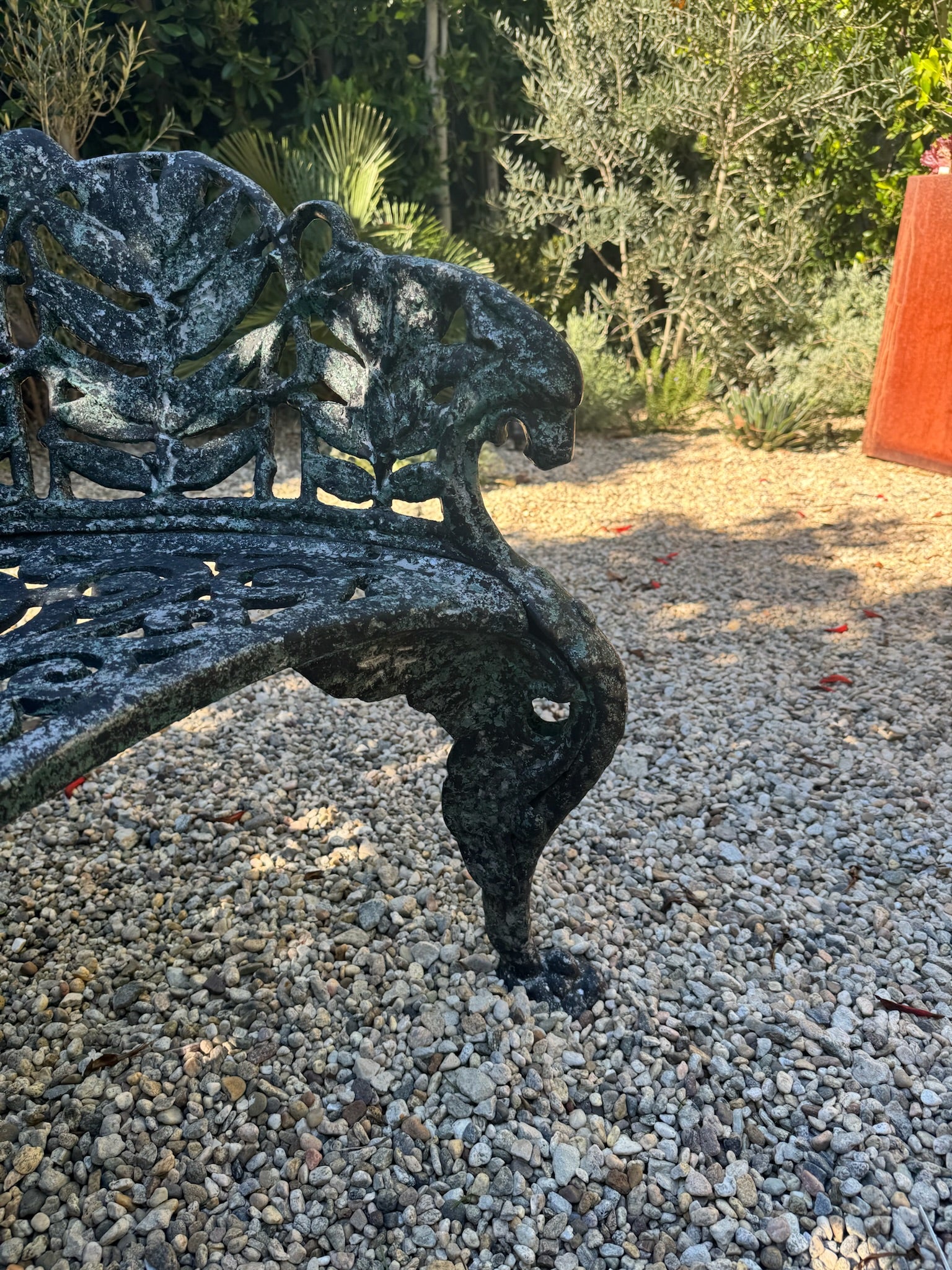 Pair of c.1890 Victorian Cast Iron Garden Benches with Sculptural Leaf Backrests