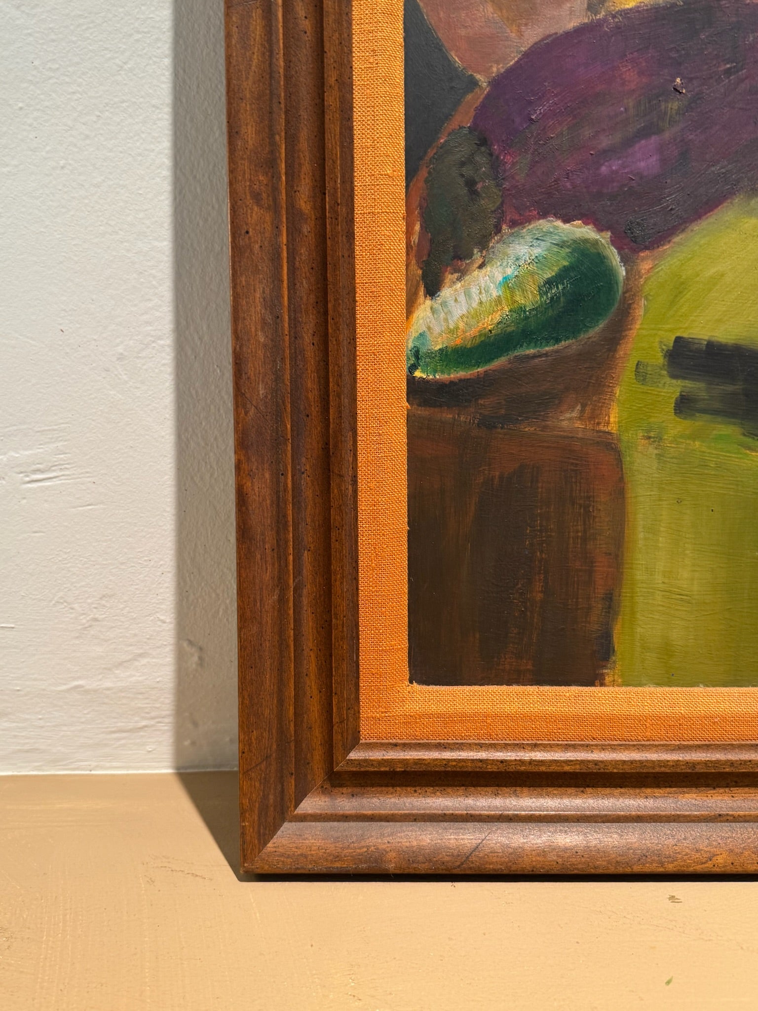 Mid-Century Modern Still Life with Fruit & Gourds – Original Oil Painting in Wood Frame