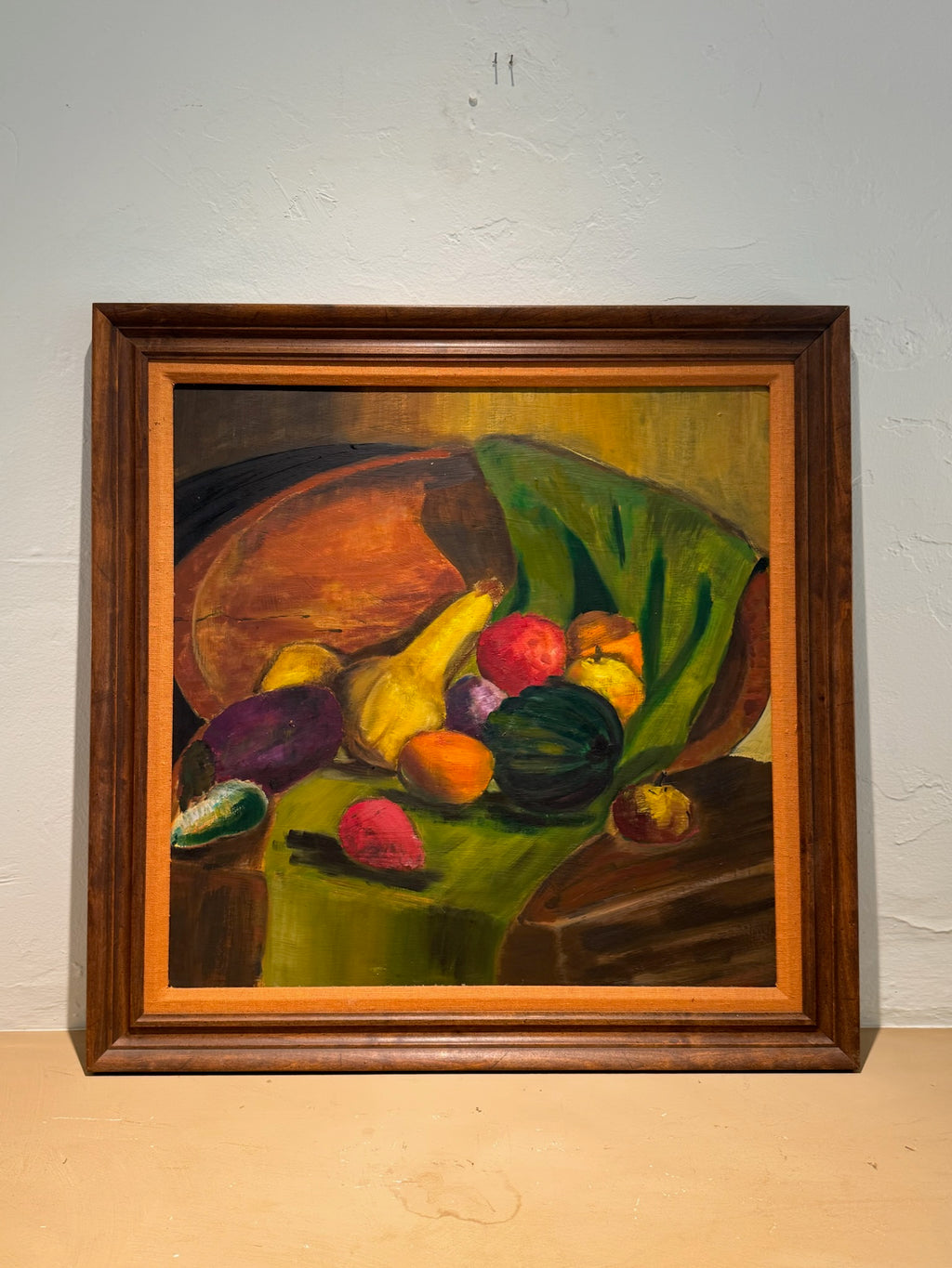 Mid-Century Modern Still Life with Fruit & Gourds – Original Oil Painting in Wood Frame