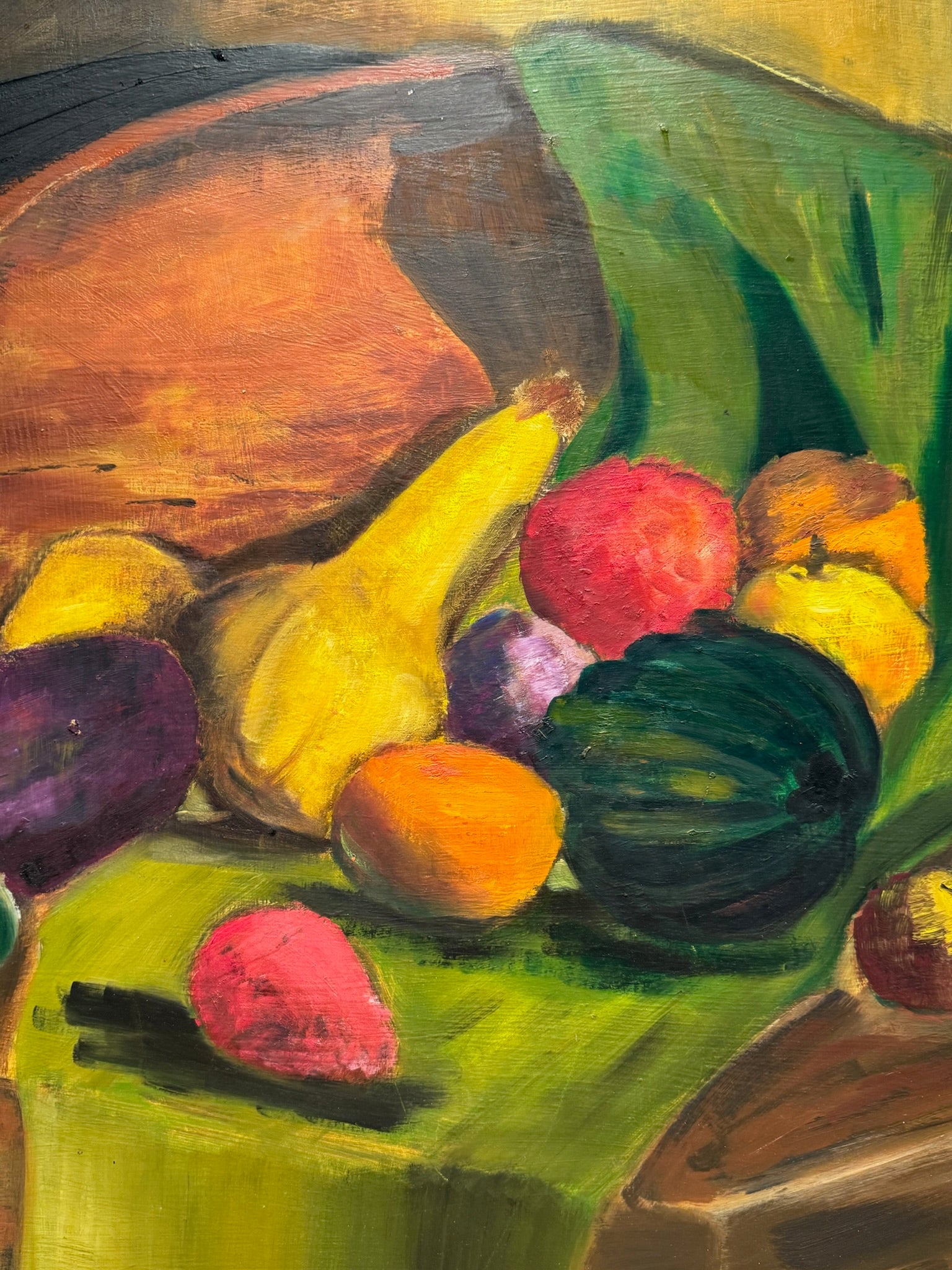 Mid-Century Modern Still Life with Fruit & Gourds – Original Oil Painting in Wood Frame