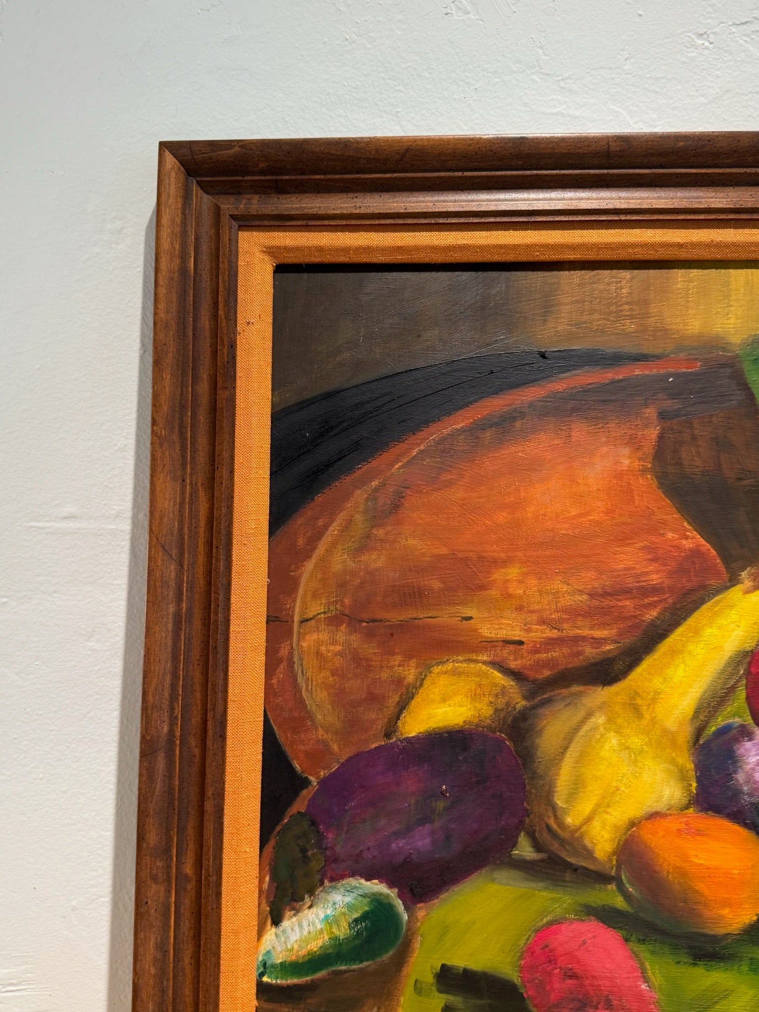 Mid-Century Modern Still Life with Fruit & Gourds – Original Oil Painting in Wood Frame