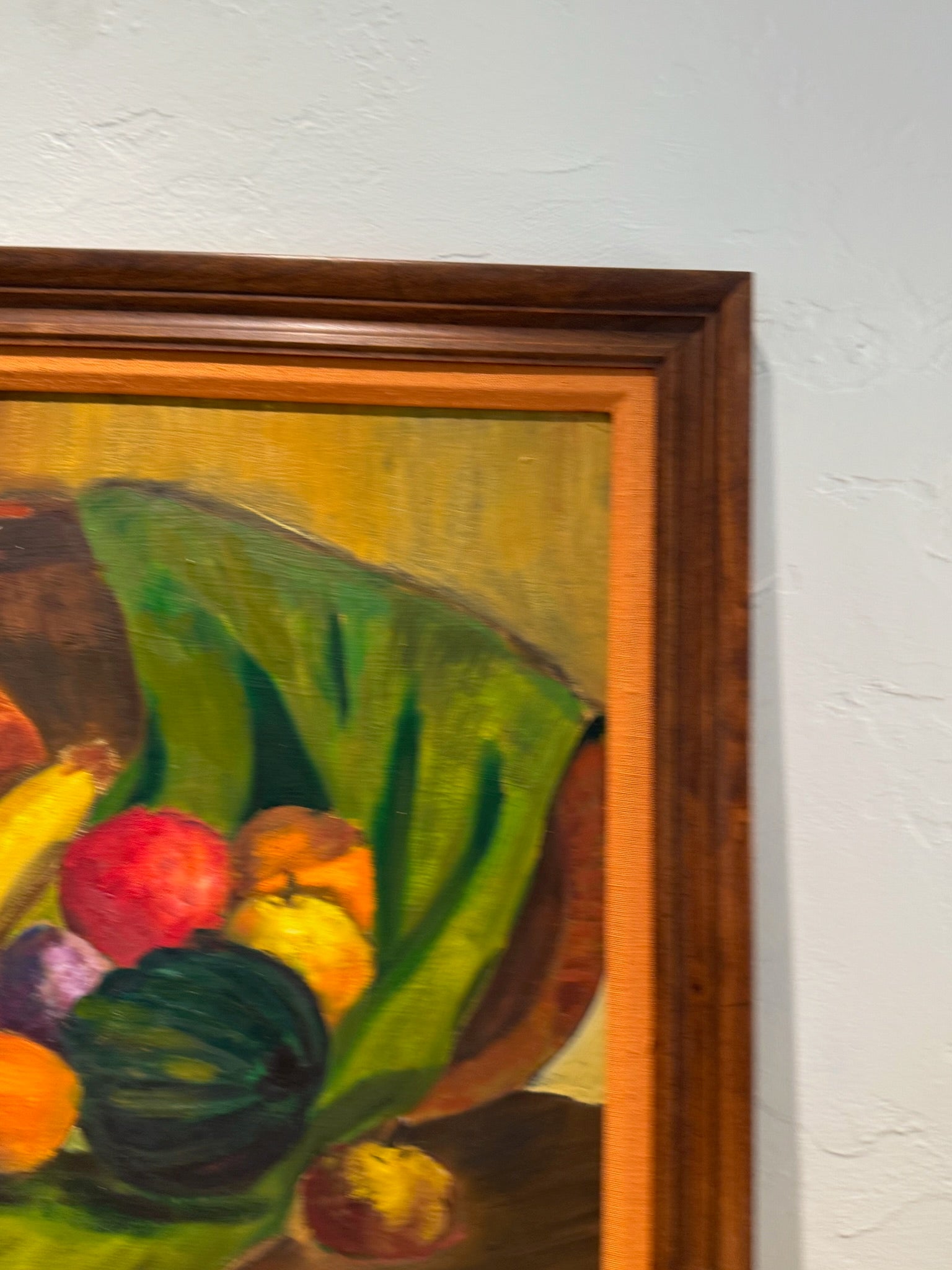 Mid-Century Modern Still Life with Fruit & Gourds – Original Oil Painting in Wood Frame