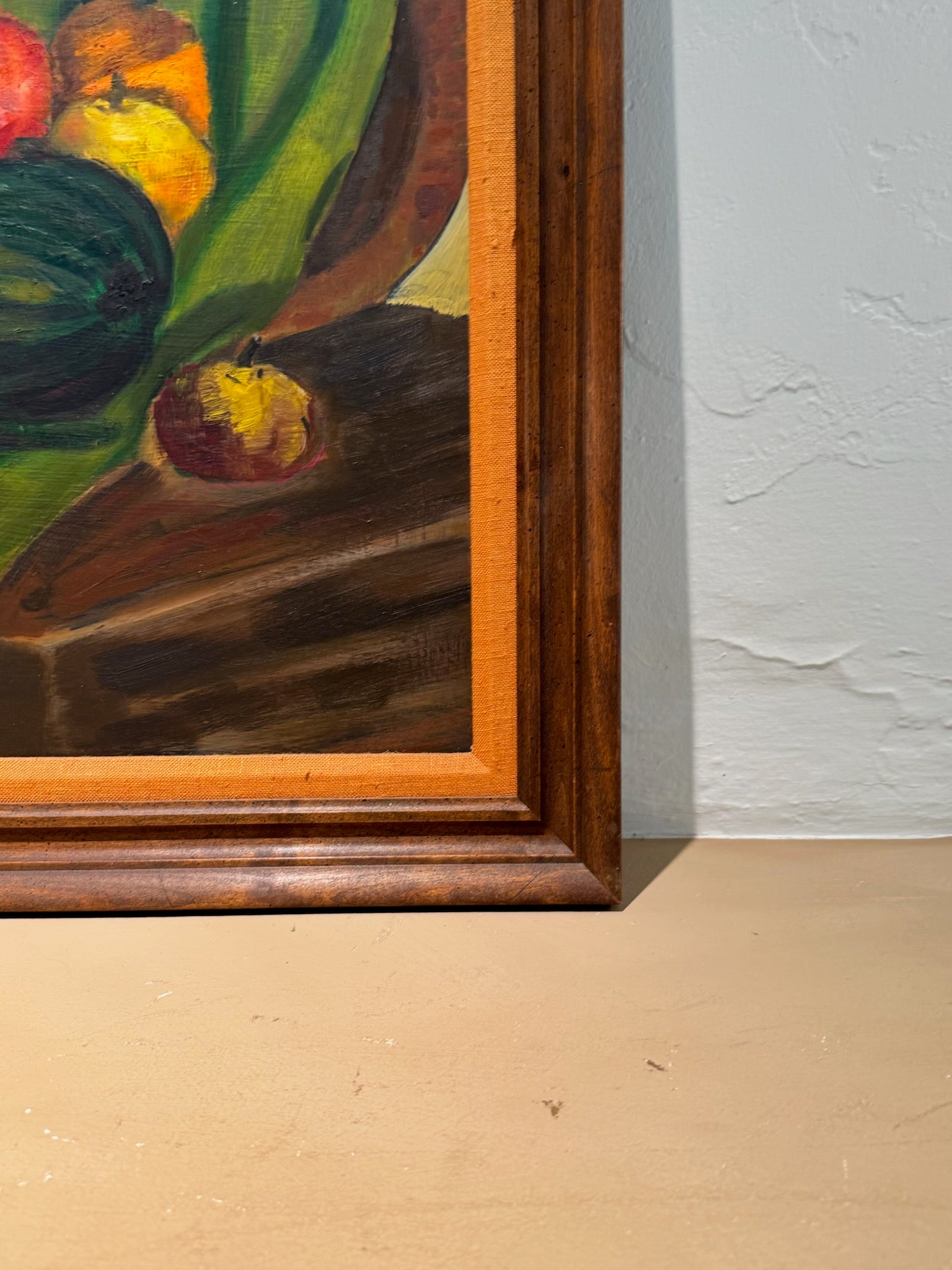 Mid-Century Modern Still Life with Fruit & Gourds – Original Oil Painting in Wood Frame