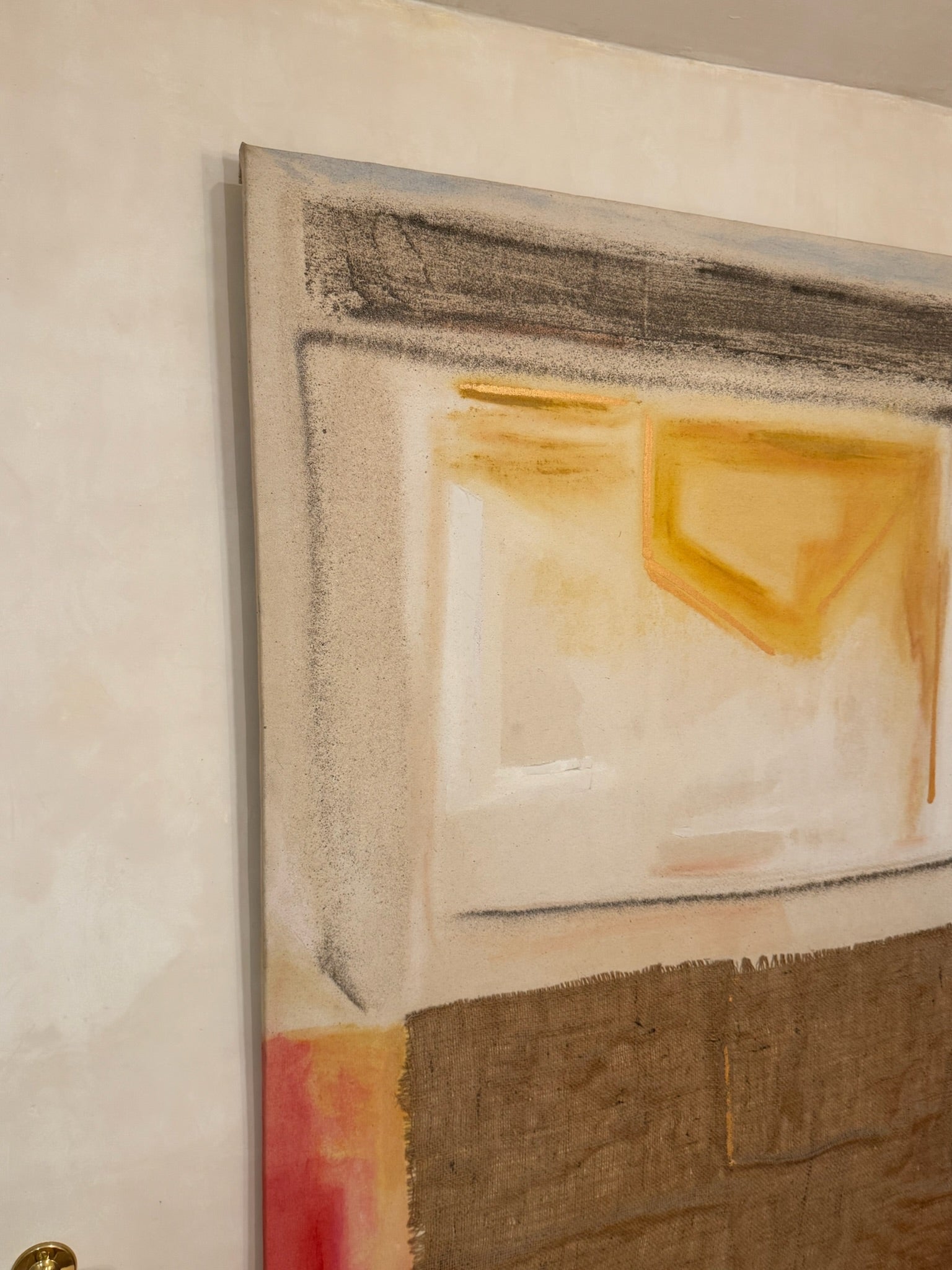 Garcia Miró Mixed Media Abstract Painting with Burlap Collage, Earth Tones & Geometric Forms