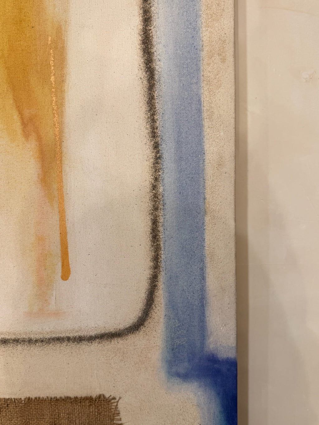 Garcia Miró Mixed Media Abstract Painting with Burlap Collage, Earth Tones & Geometric Forms