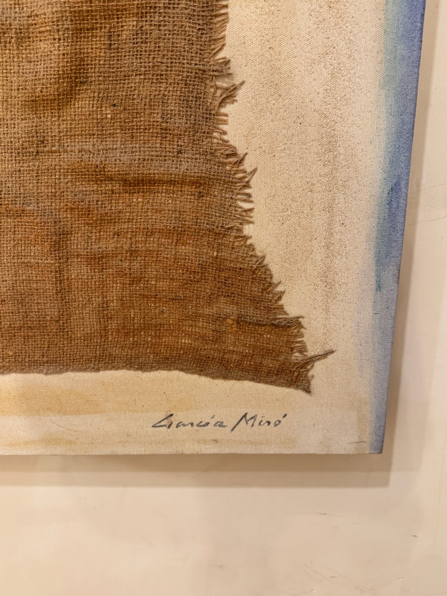 Garcia Miró Mixed Media Abstract Painting with Burlap Collage, Earth Tones & Geometric Forms