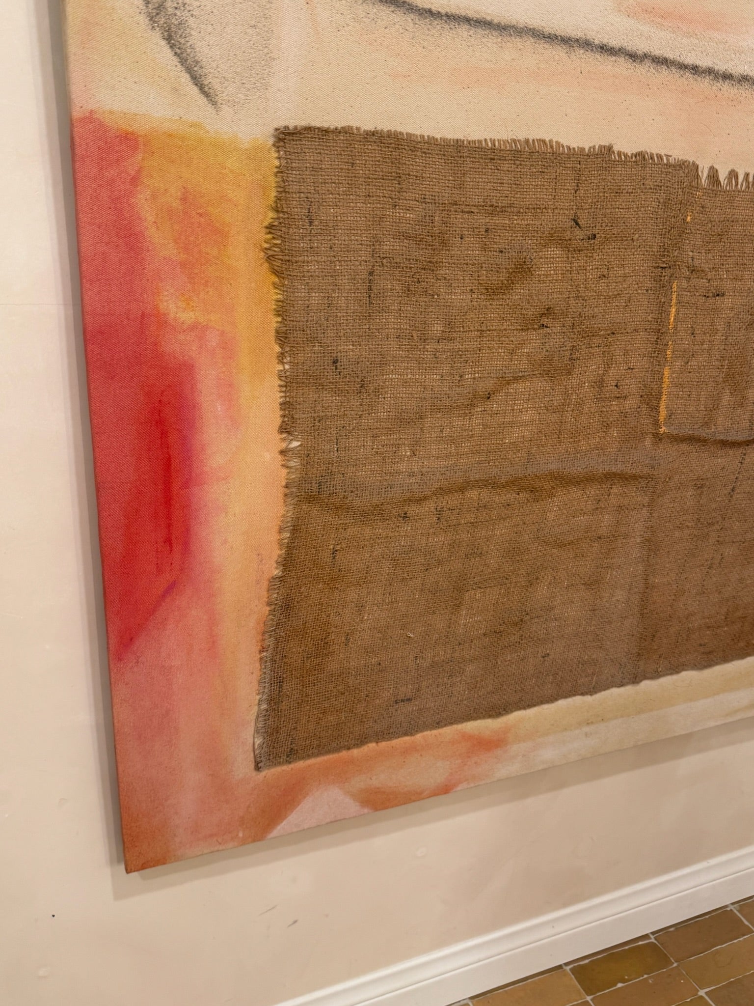 Garcia Miró Mixed Media Abstract Painting with Burlap Collage, Earth Tones & Geometric Forms