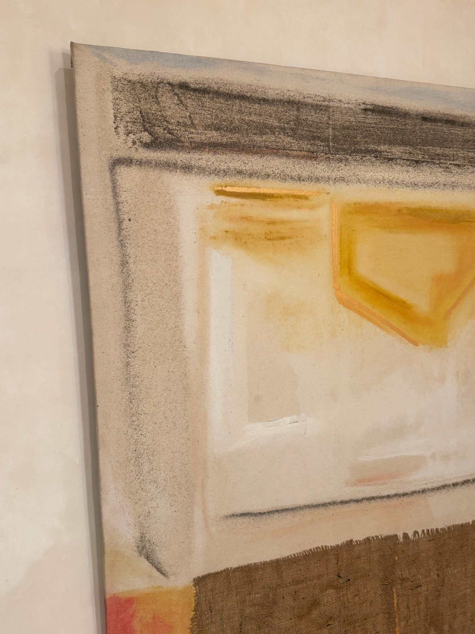 Garcia Miró Mixed Media Abstract Painting with Burlap Collage, Earth Tones & Geometric Forms