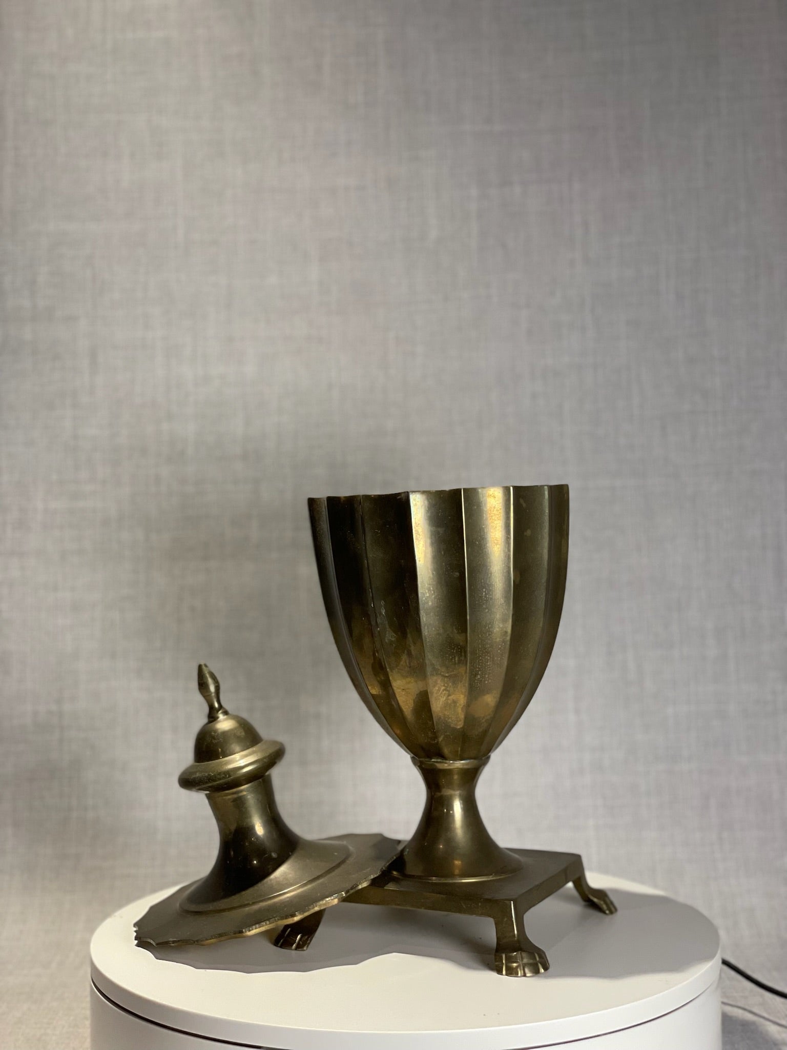 Vintage Neoclassical Brass Lidded Urn with Fluted Body and Paw Feet