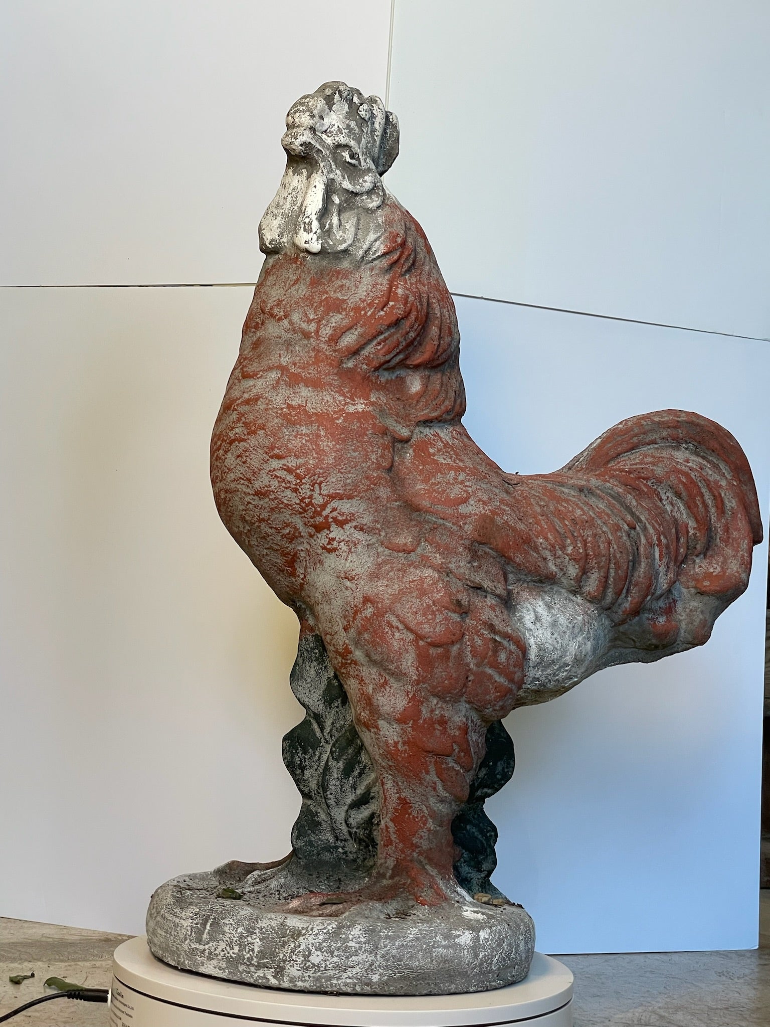 Large Vintage French Concrete Rooster Garden Sculpture with Aged Patina