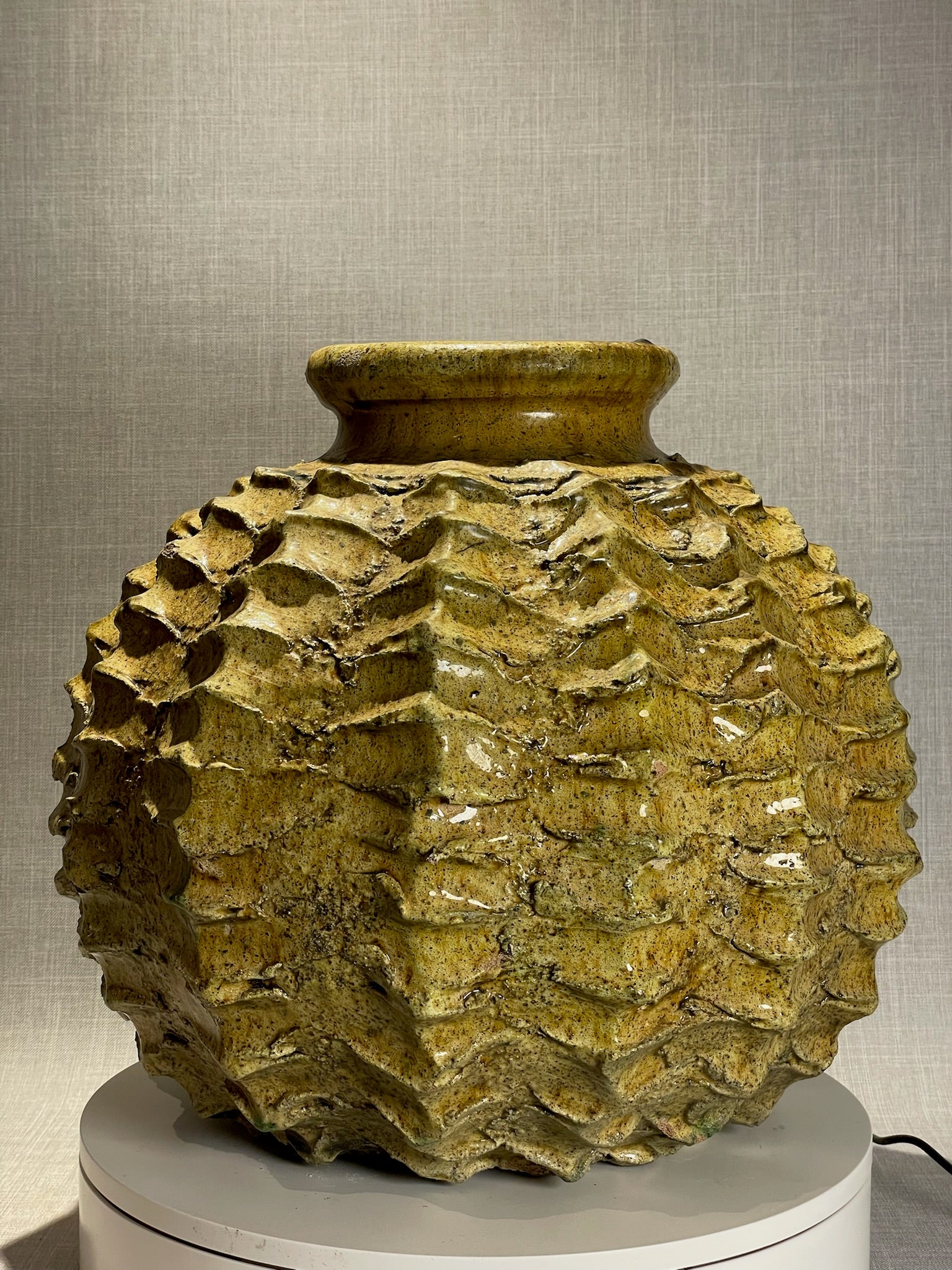 Sculptural Moroccan Handcrafted Vase with Textured Ochre and Dark Accents