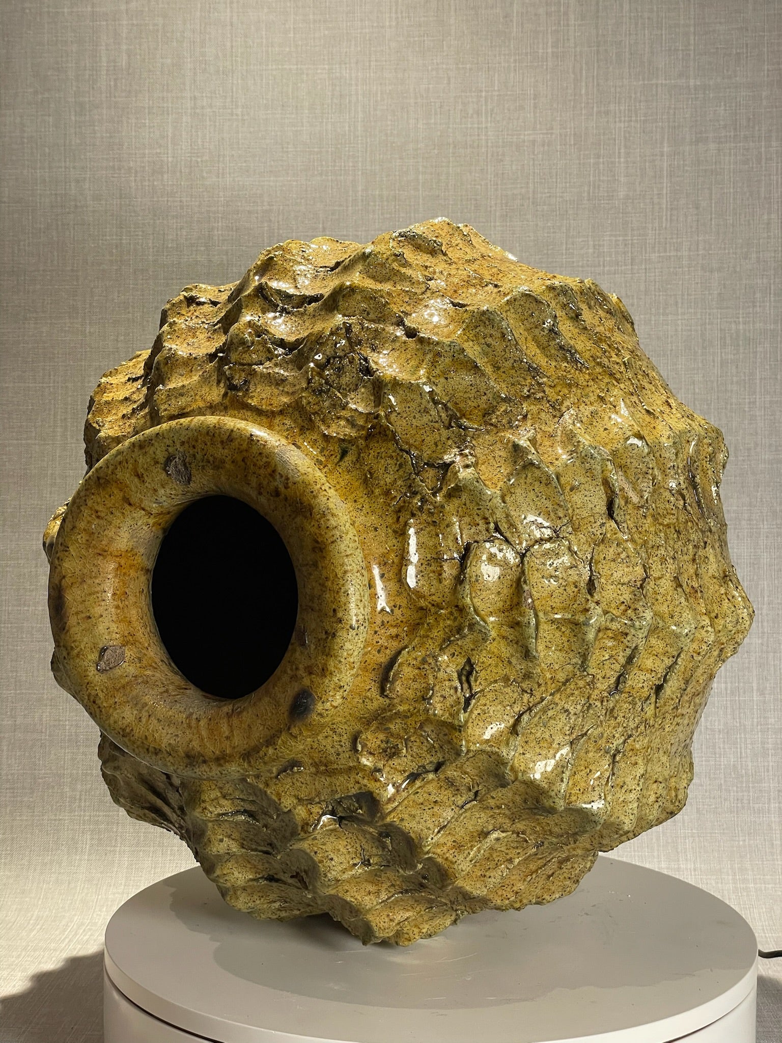 Sculptural Moroccan Handcrafted Vase with Textured Ochre and Dark Accents
