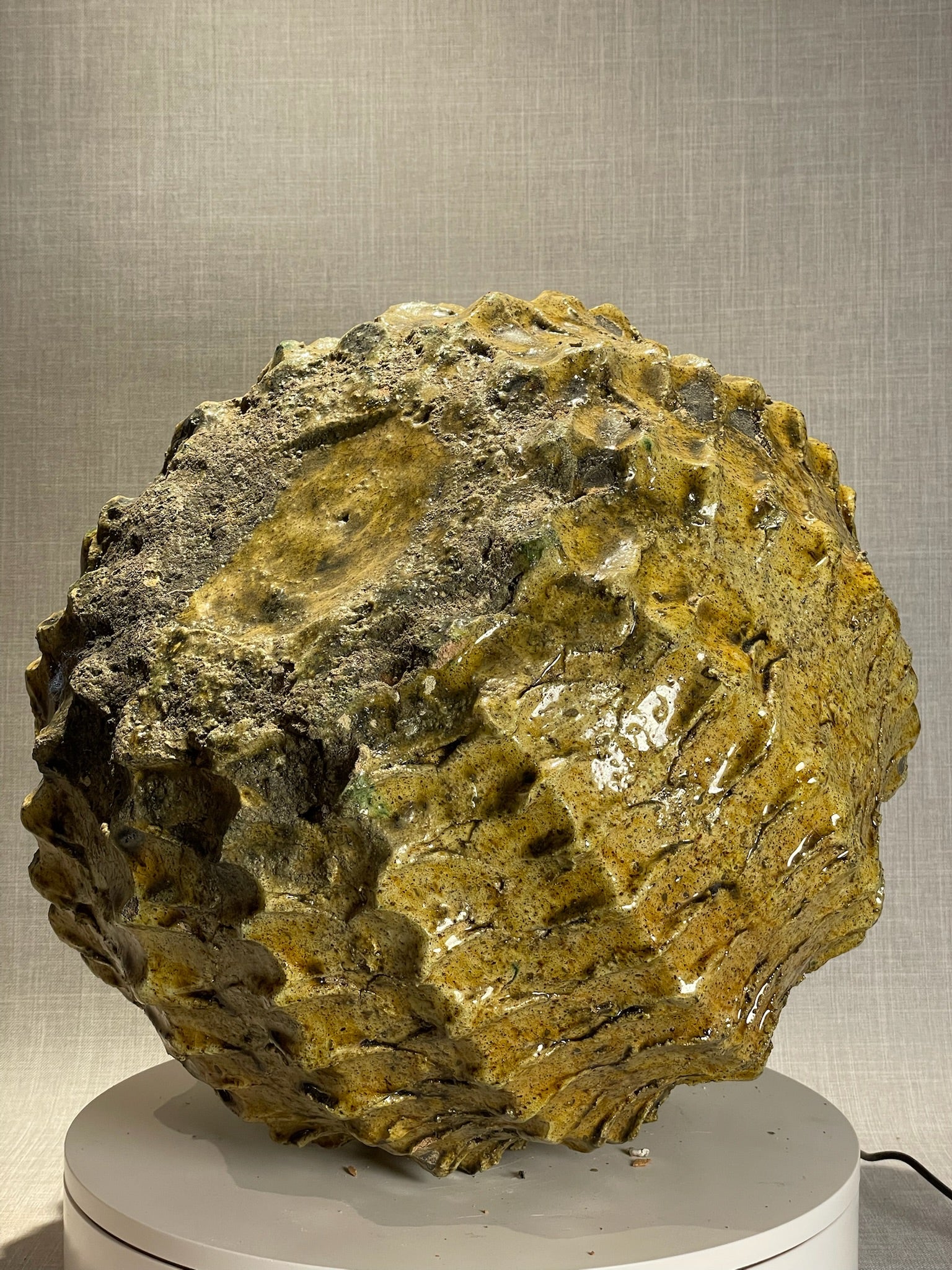 Sculptural Moroccan Handcrafted Vase with Textured Ochre and Dark Accents