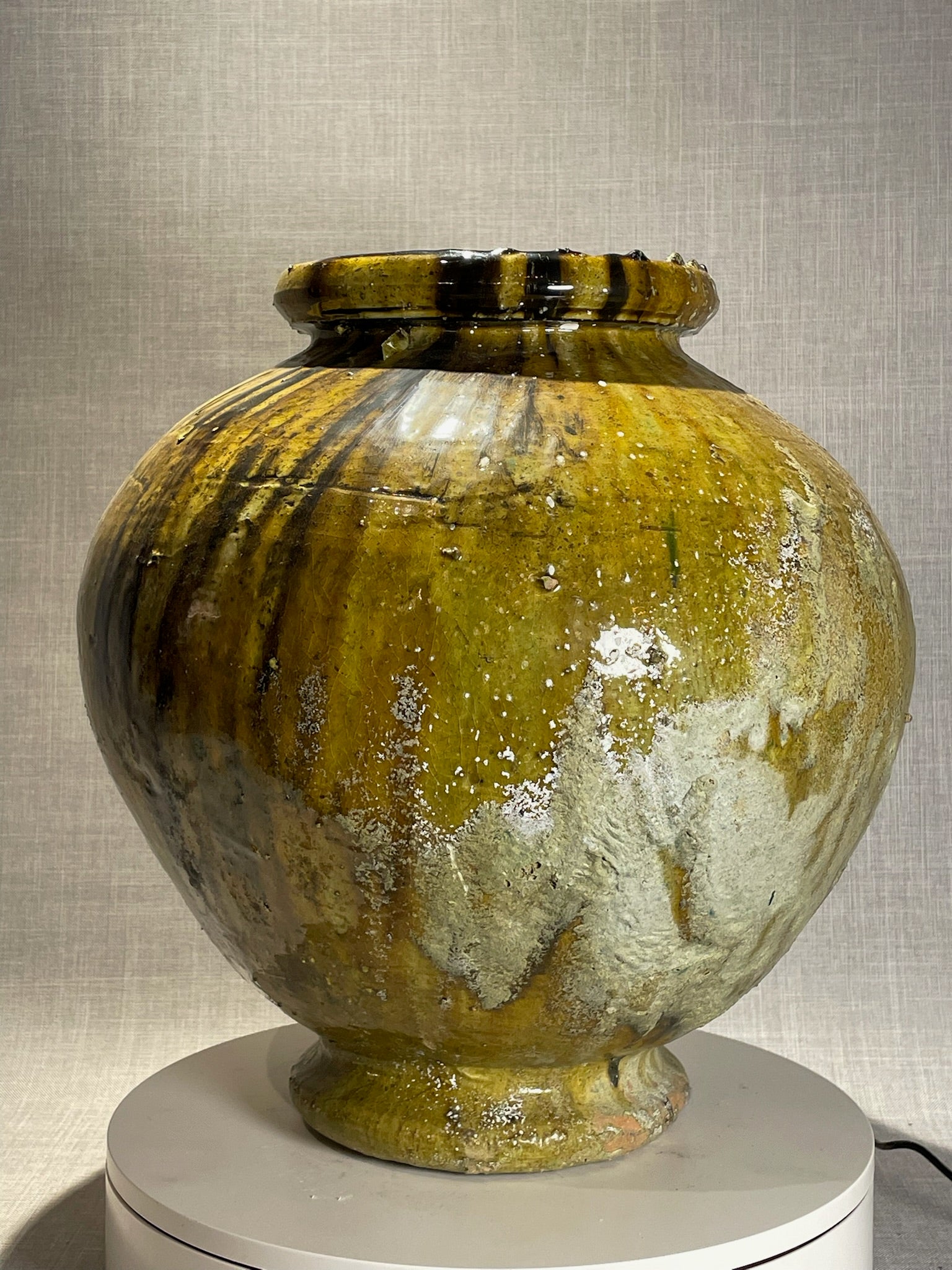 Antique Mediterranean Green and Ochre Glazed Terracotta Storage Jar with Natural Drip Glaze Patina