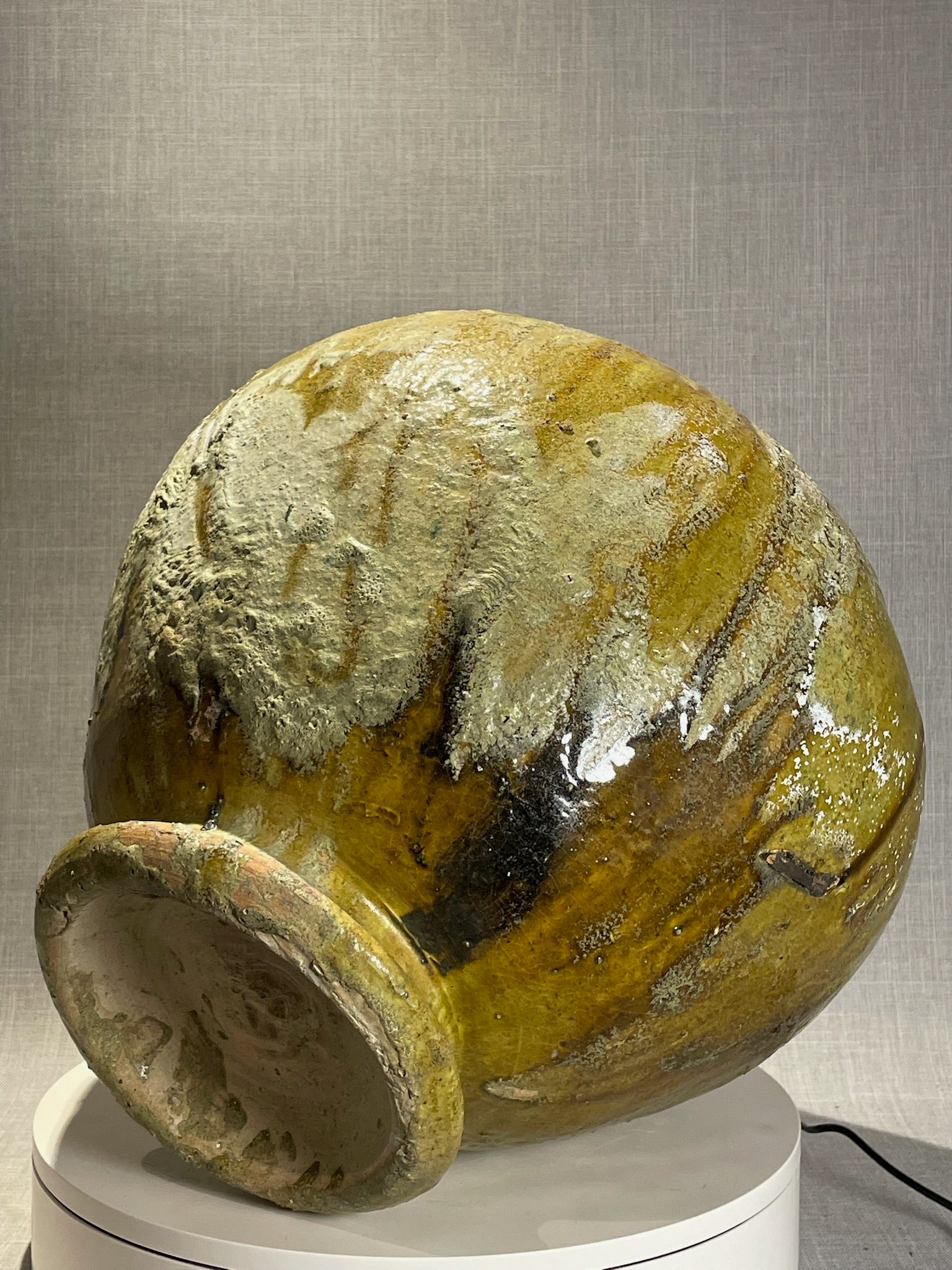 Antique Mediterranean Green and Ochre Glazed Terracotta Storage Jar with Natural Drip Glaze Patina