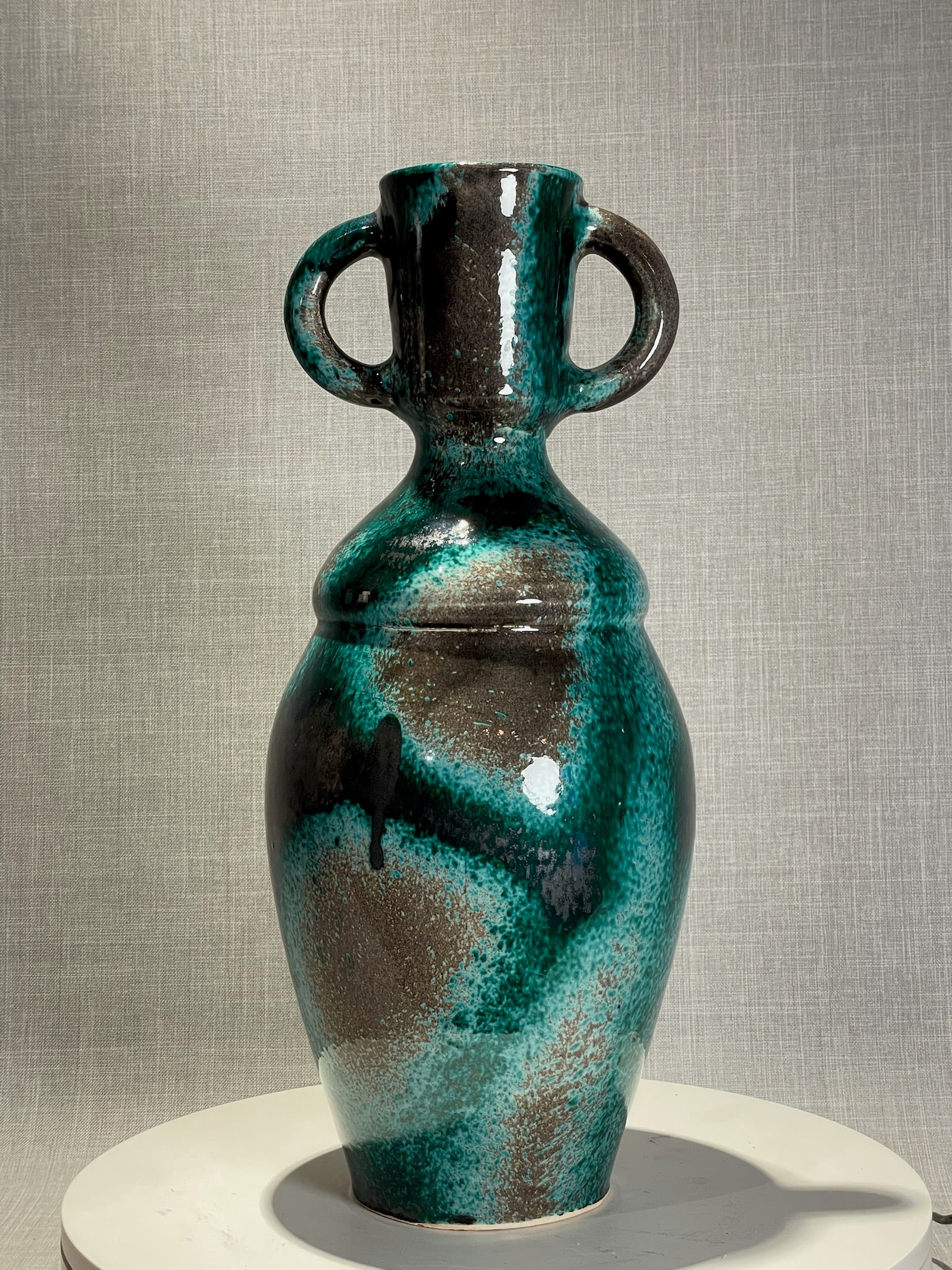 Striking Mid-Century Modern Twin-Handled Studio Pottery Vase with Drip Glaze