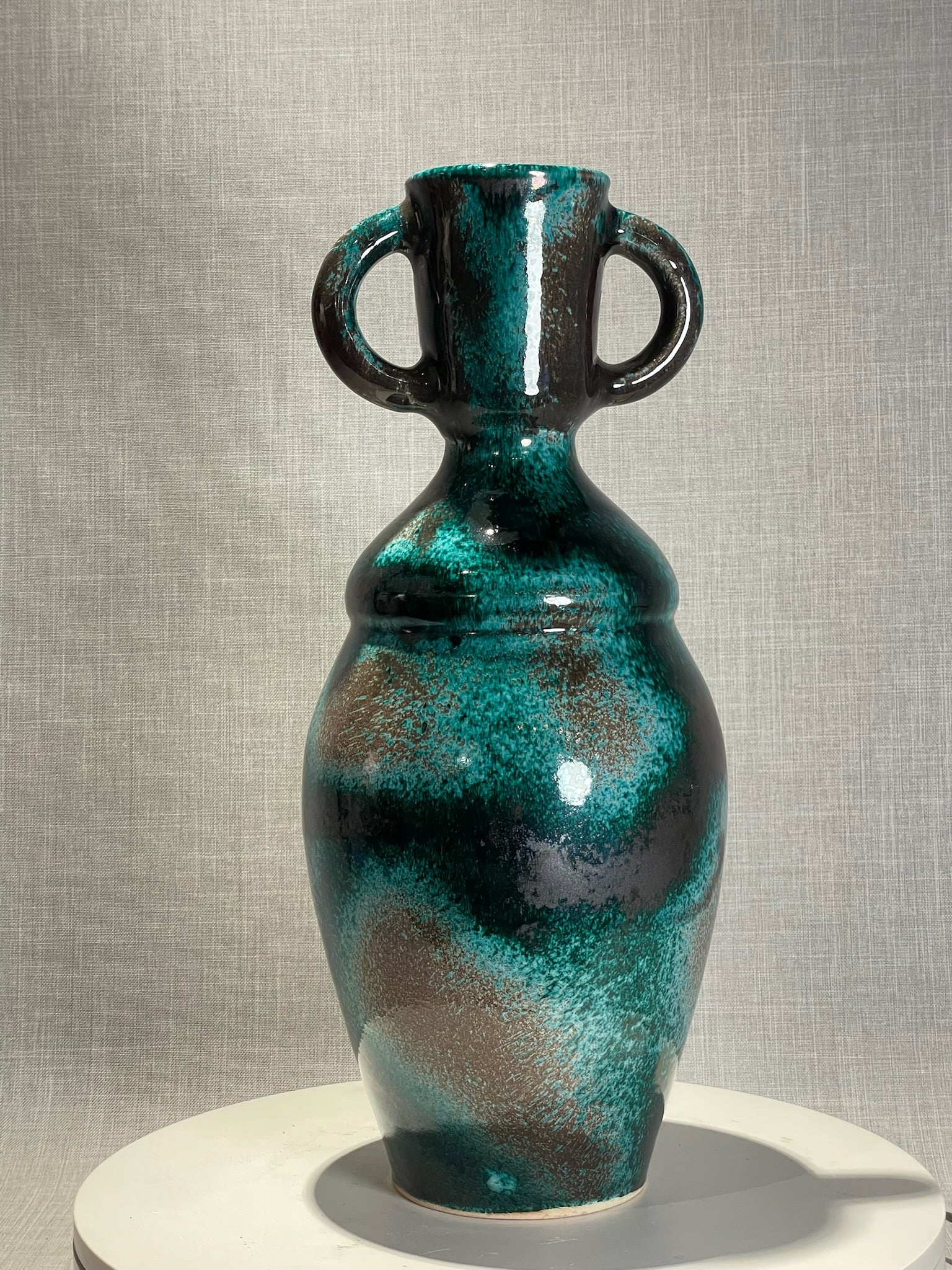 Striking Mid-Century Modern Twin-Handled Studio Pottery Vase with Drip Glaze