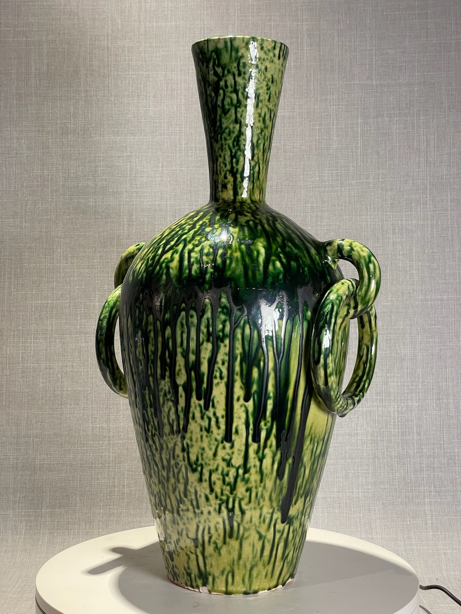 Mid-Century Modern Green and Black Drip Glazed Terracotta Vase with Double Ring Handles