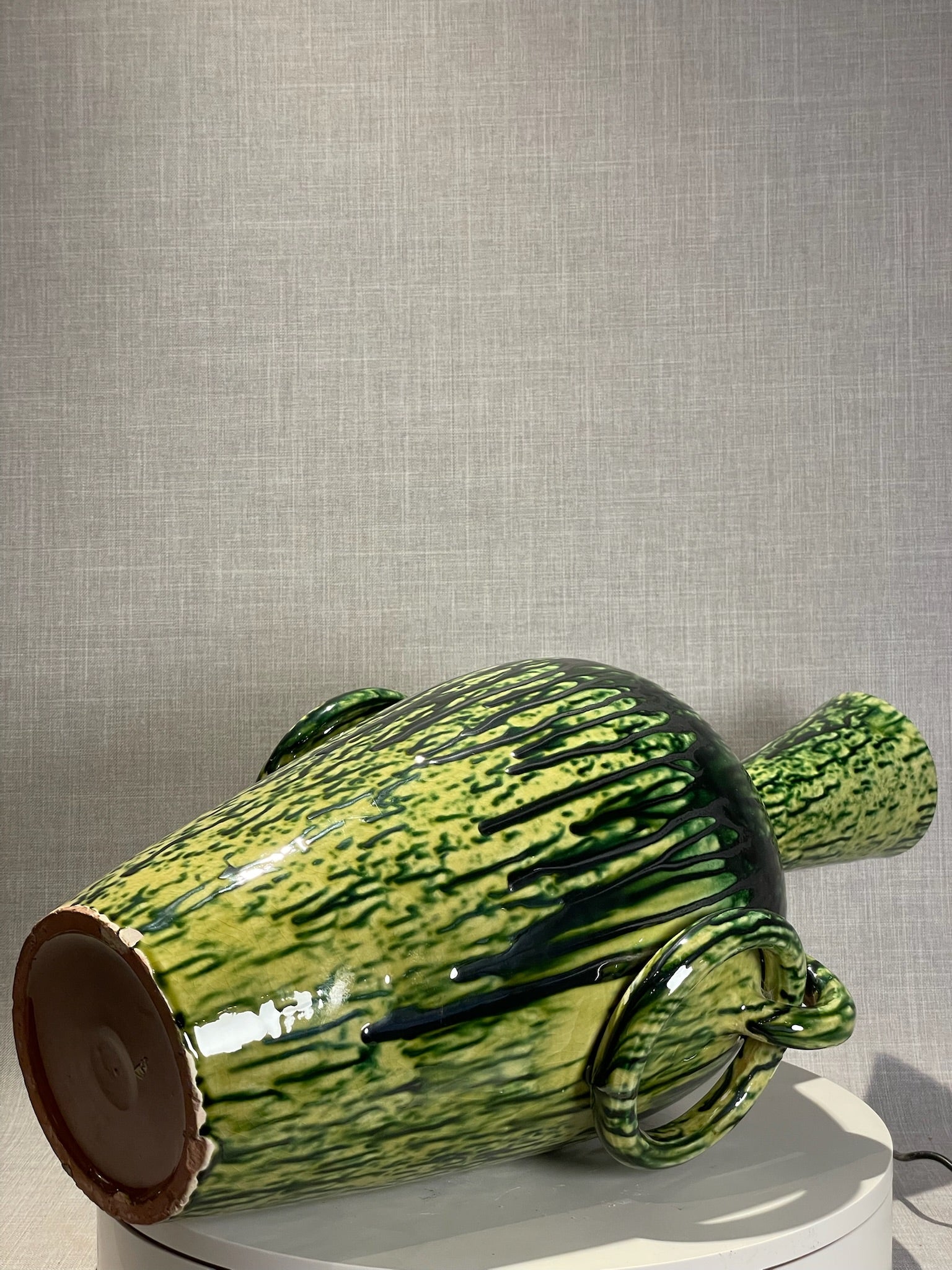 Mid-Century Modern Green and Black Drip Glazed Terracotta Vase with Double Ring Handles