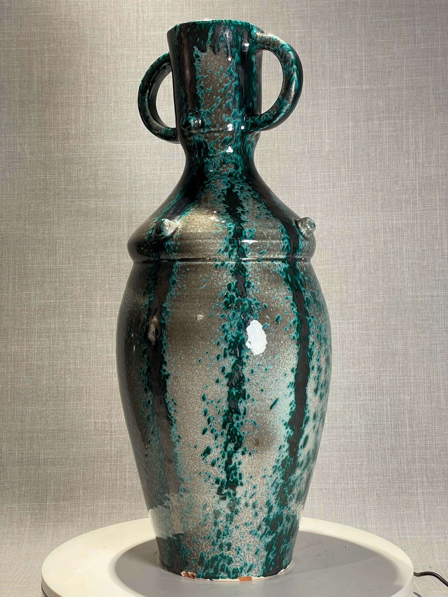 Mid-Century Modern Speckled Green and Black Glazed Terracotta Urn with Double Handles