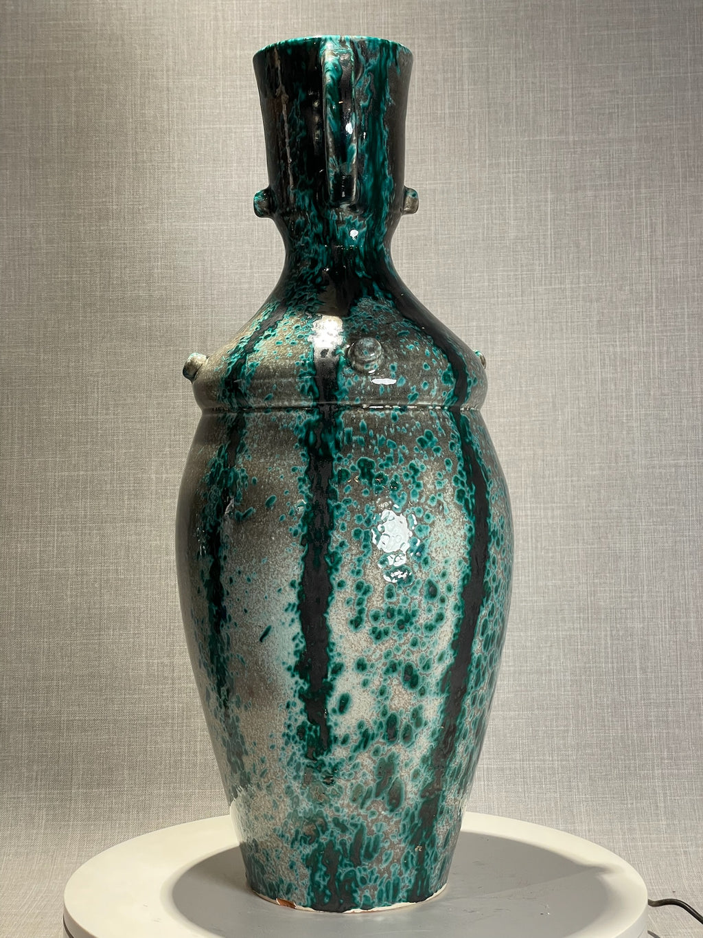 Mid-Century Modern Speckled Green and Black Glazed Terracotta Urn with Double Handles