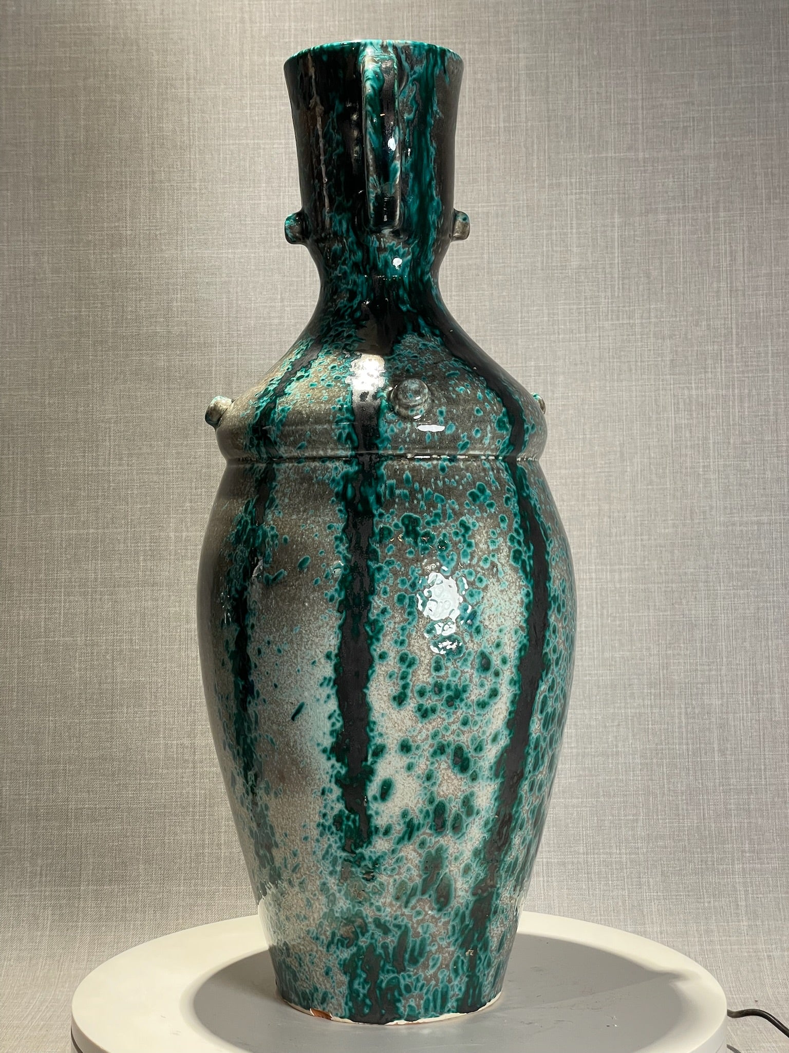 Mid-Century Modern Speckled Green and Black Glazed Terracotta Urn with Double Handles