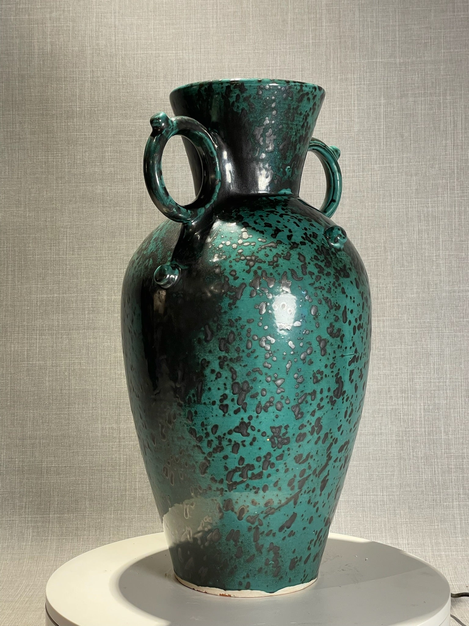 Mid-Century Blue and Black Speckled Glazed Terracotta Urn with Double Ring Handles
