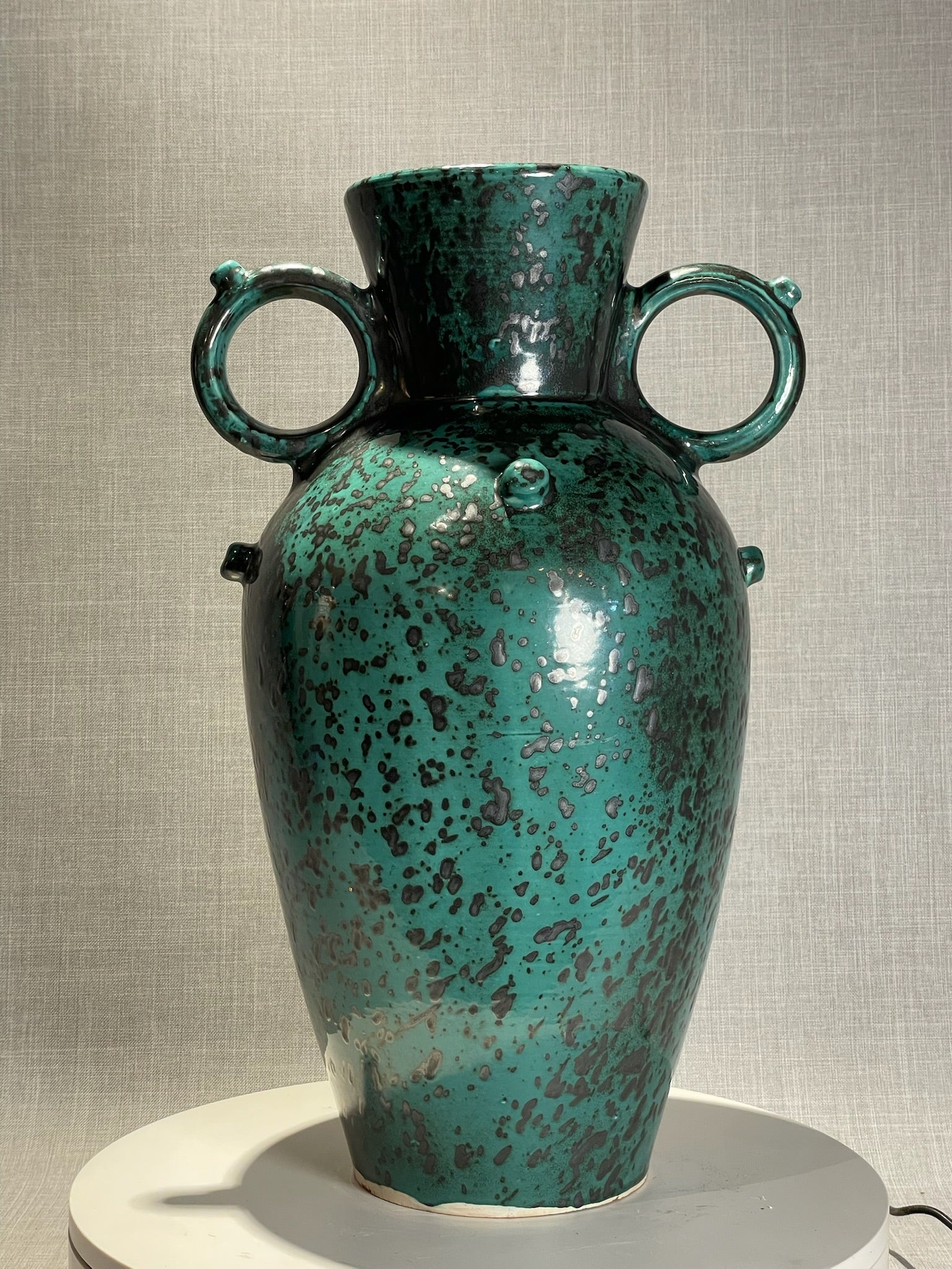 Mid-Century Blue and Black Speckled Glazed Terracotta Urn with Double Ring Handles