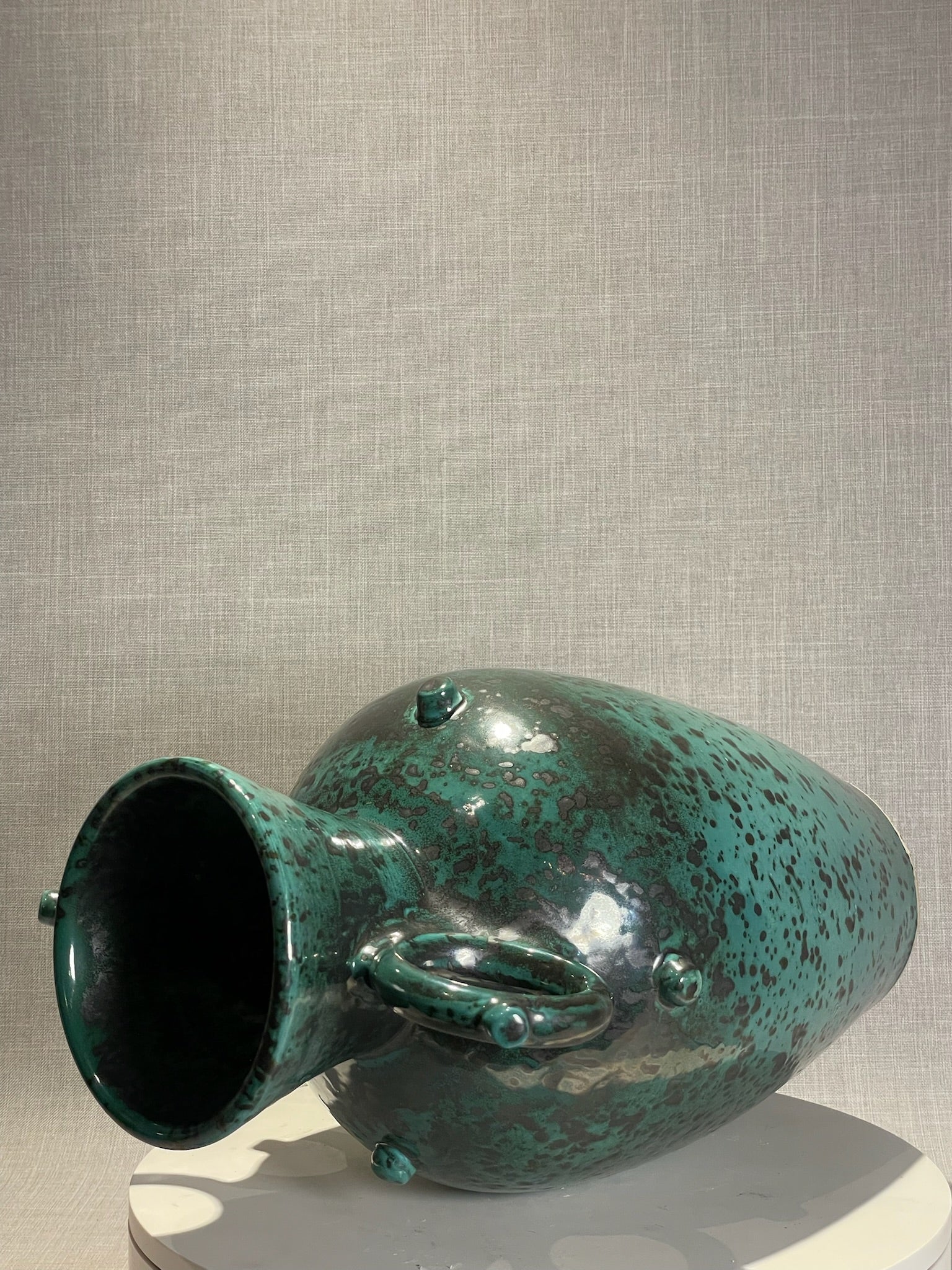 Mid-Century Blue and Black Speckled Glazed Terracotta Urn with Double Ring Handles