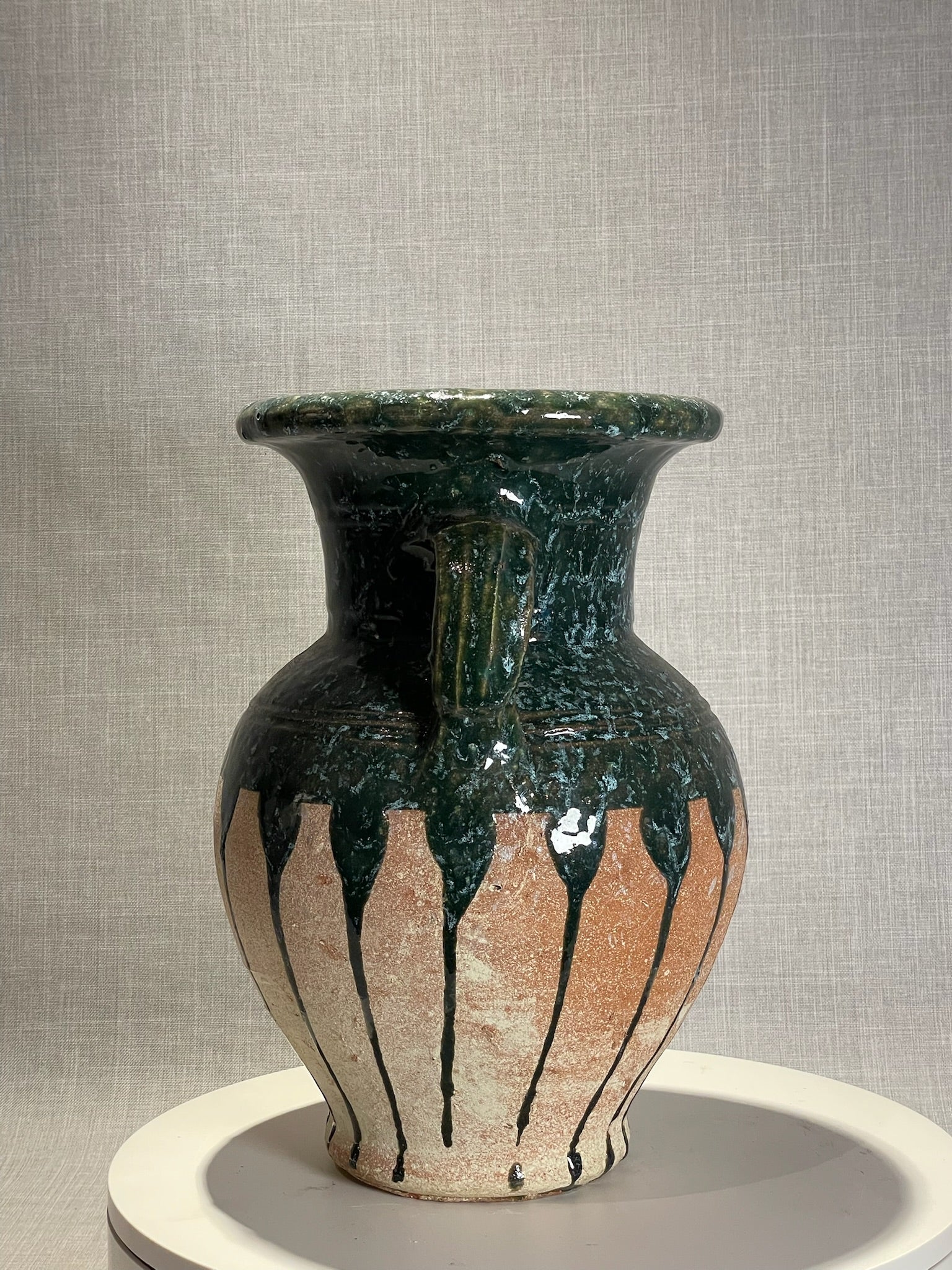 Vintage Glazed Terracotta Amphora Vase with Drip Glaze Detailing