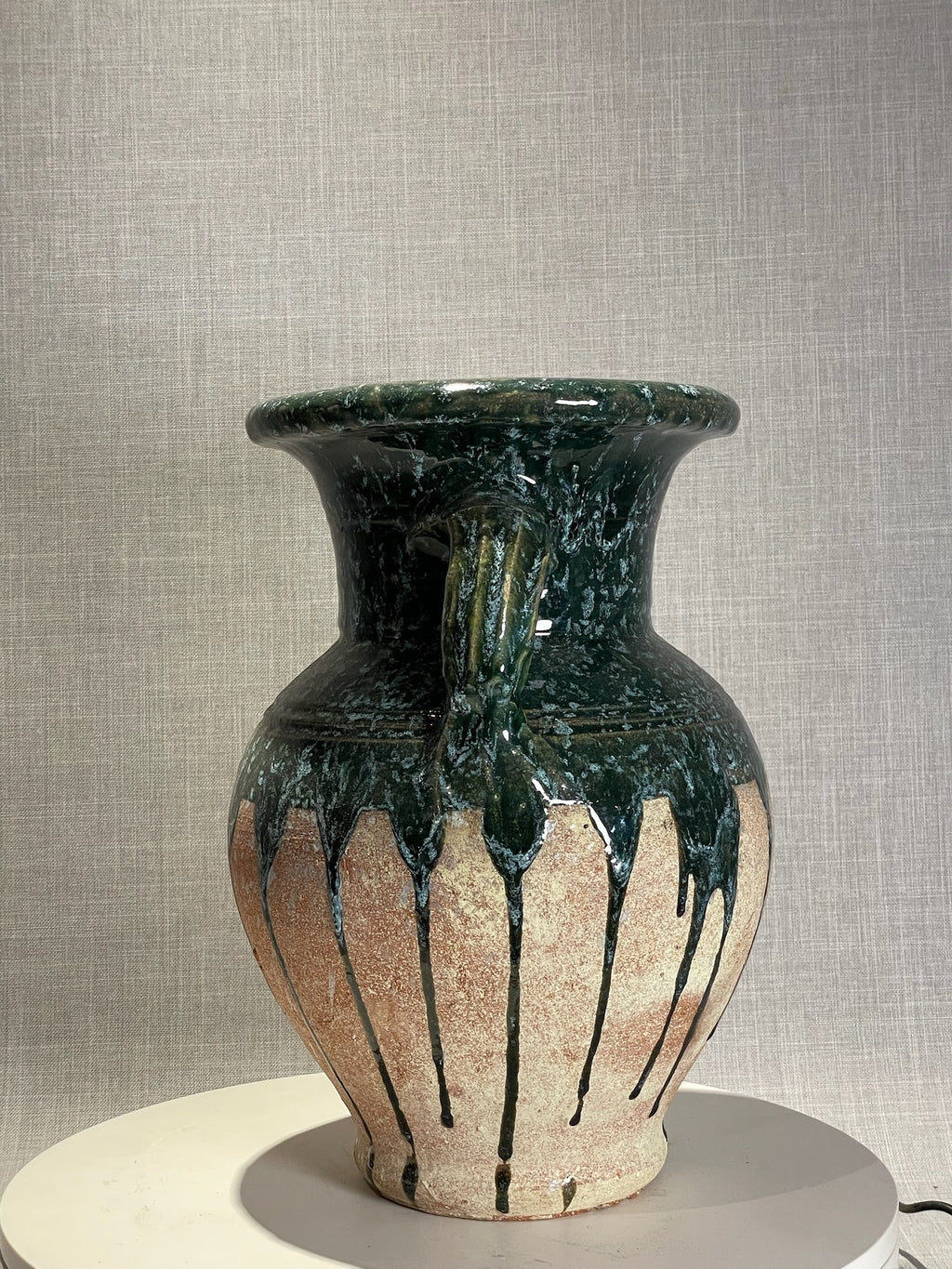 Vintage Glazed Terracotta Amphora Vase with Drip Glaze Detailing