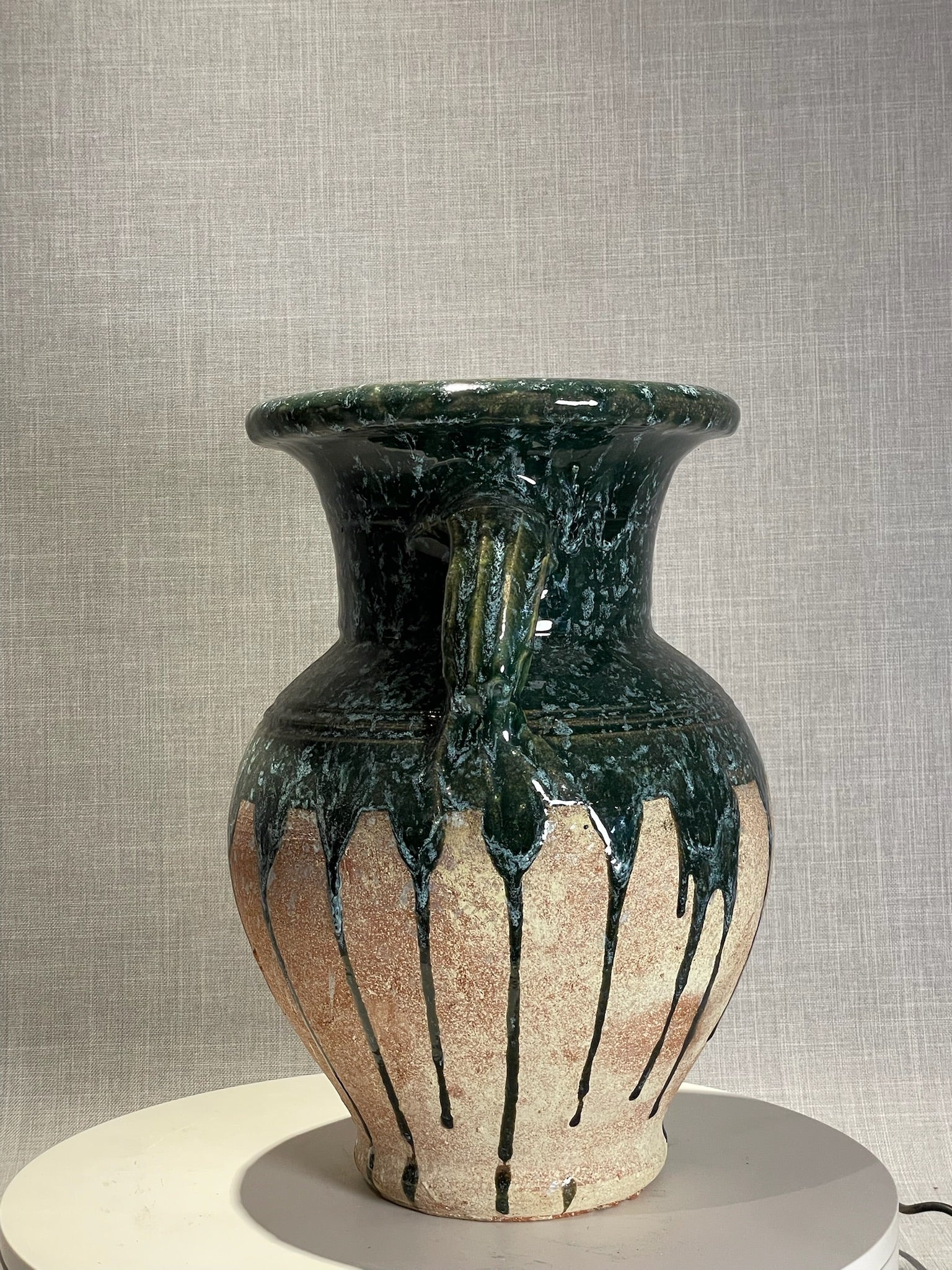Vintage Glazed Terracotta Amphora Vase with Drip Glaze Detailing