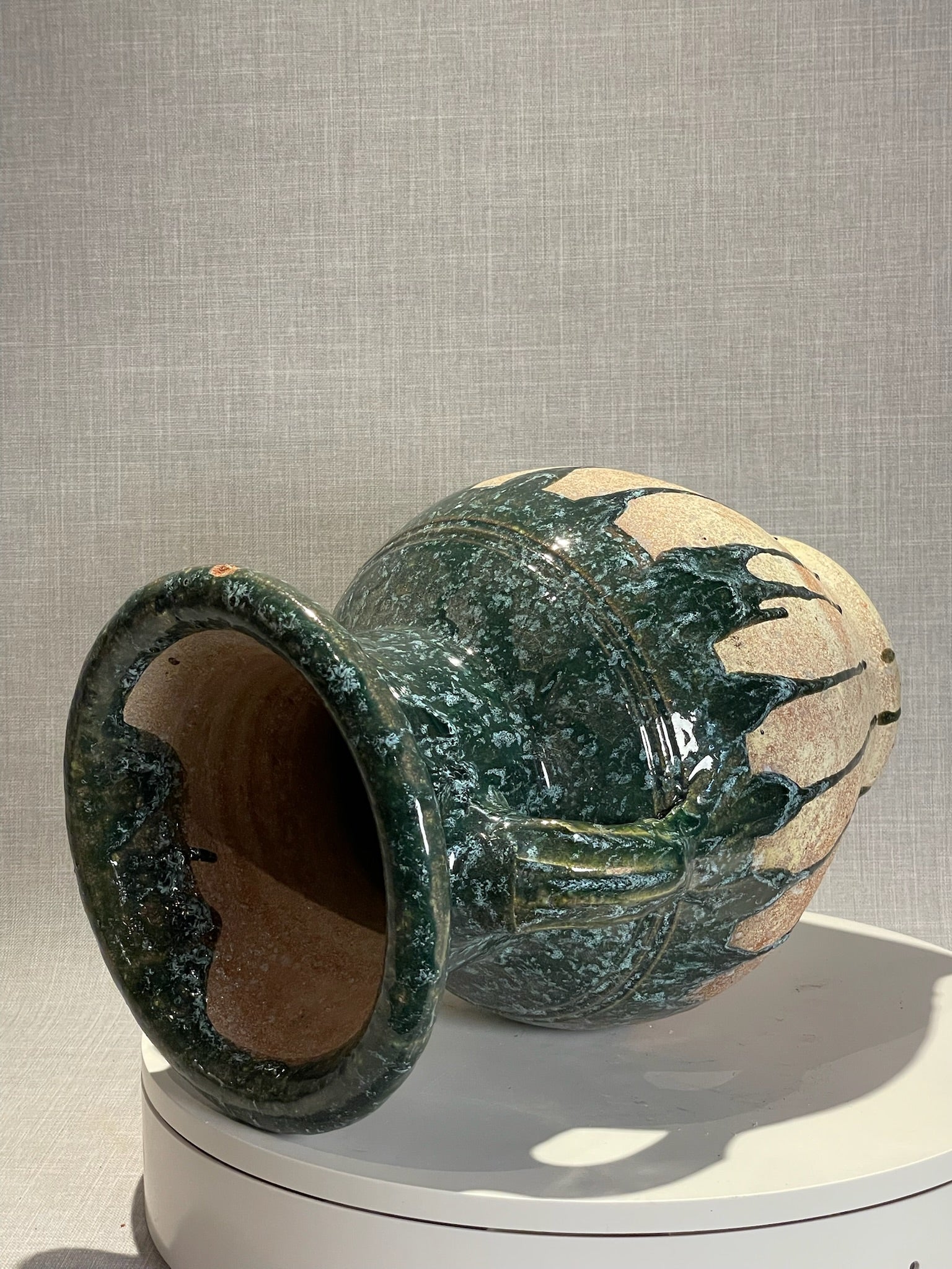 Vintage Glazed Terracotta Amphora Vase with Drip Glaze Detailing