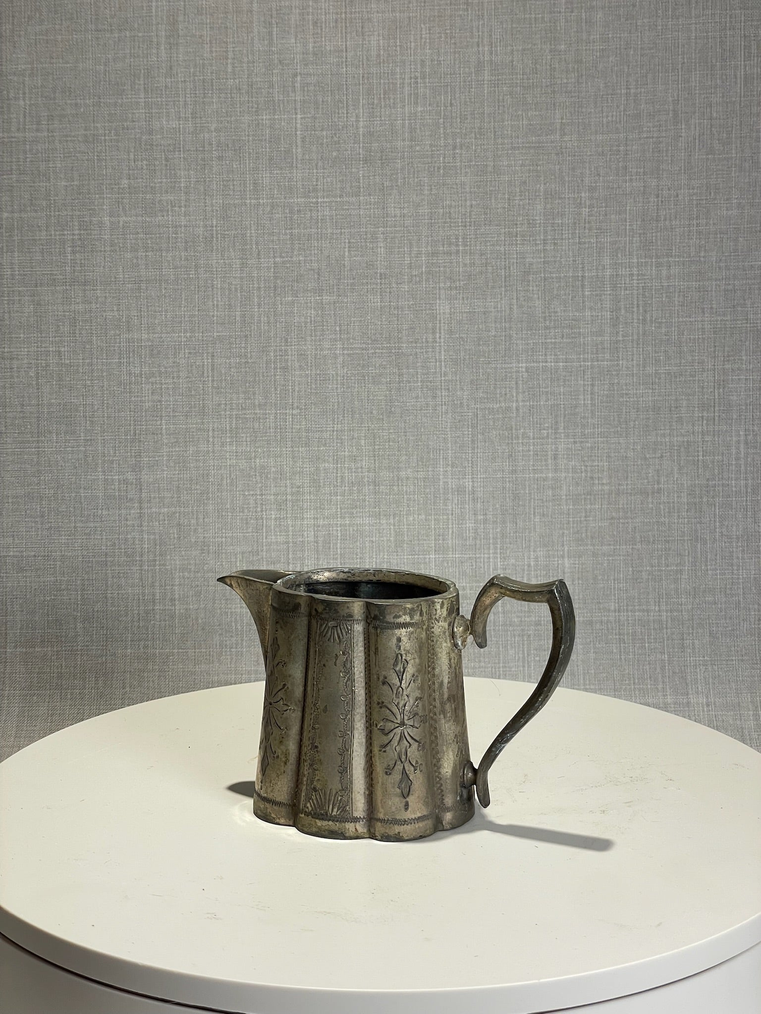 Antique Hand-Etched Pewter Pitcher with Scalloped Panels & Ornate Floral Motifs