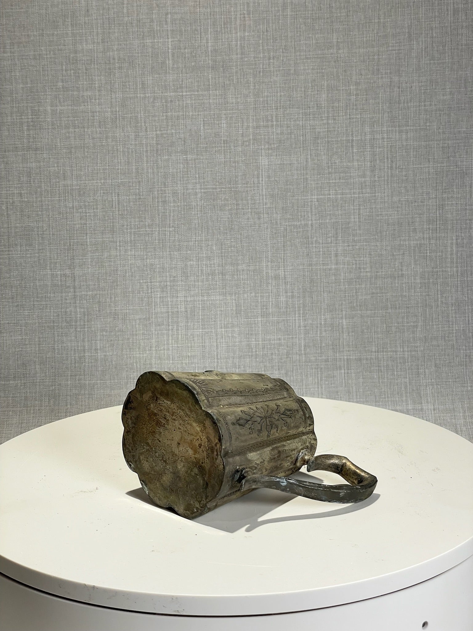 Antique Hand-Etched Pewter Pitcher with Scalloped Panels & Ornate Floral Motifs