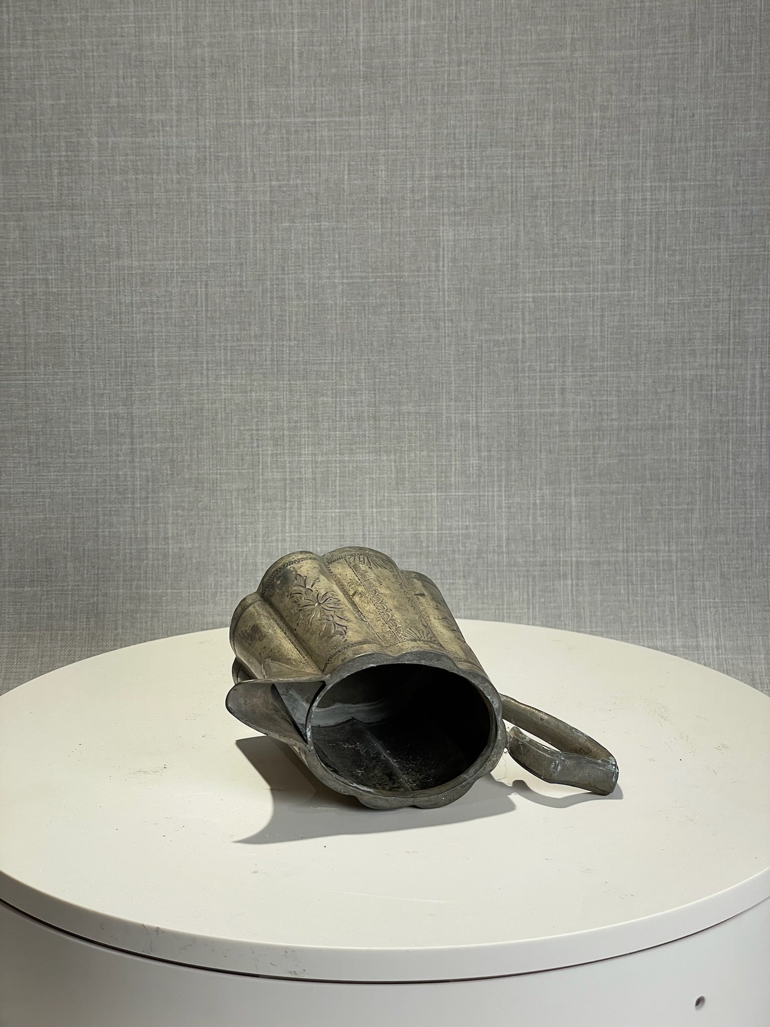 Antique Hand-Etched Pewter Pitcher with Scalloped Panels & Ornate Floral Motifs